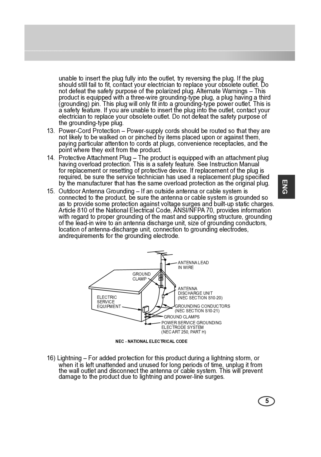 Samsung SCC-B2013P, SCC-A2013P, SCC-B2313P, SCC-A2313P manual NEC National Electrical Code 