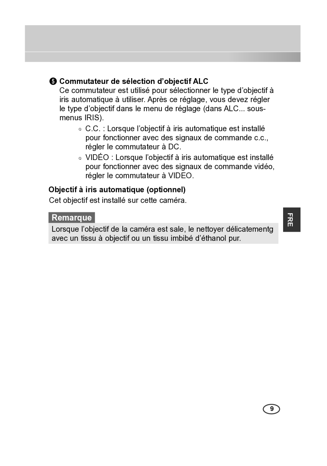 Samsung SCC-A2313P, SCC-A2013P, SCC-B2013P Commutateur de sélection d’objectif ALC, Objectif à iris automatique optionnel 