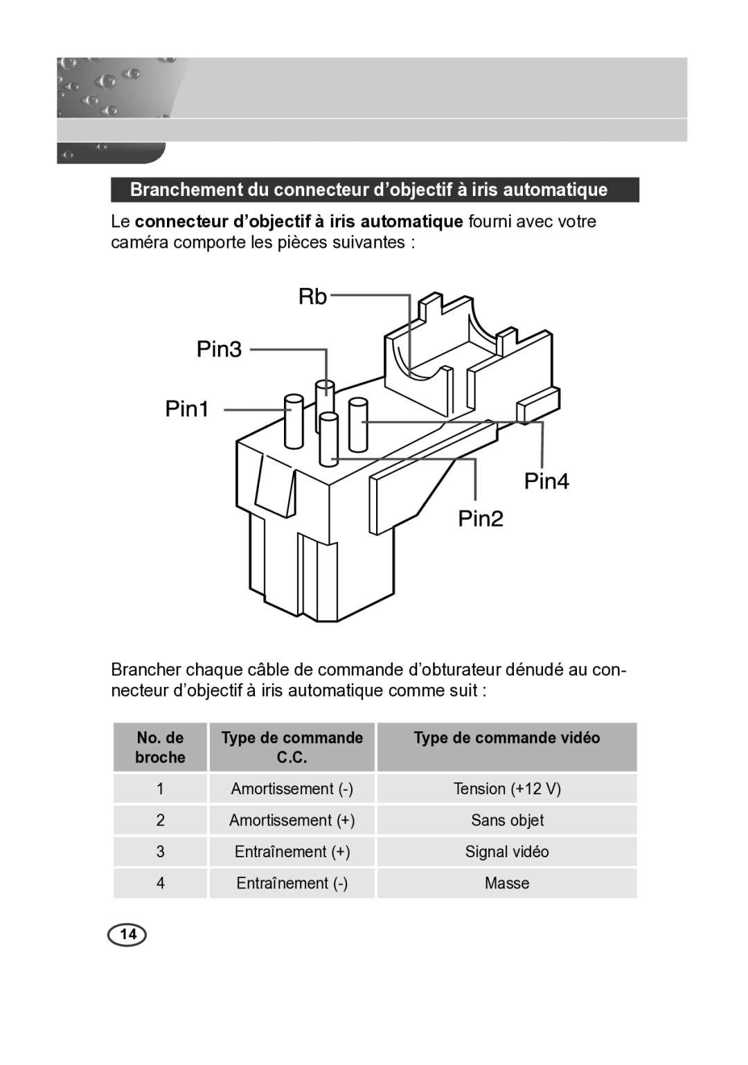 Samsung SCC-A2013P, SCC-B2013P, SCC-B2313P, SCC-A2313P manual Branchement du connecteur d’objectif à iris automatique 