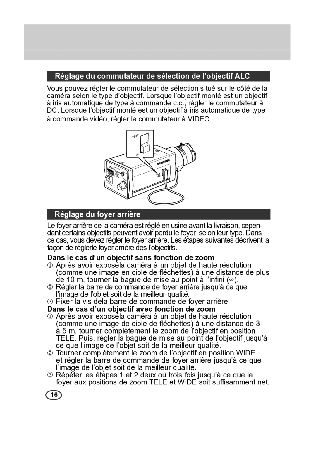 Samsung SCC-B2313P, SCC-A2013P, SCC-B2013P Réglage du commutateur de sélection de l’objectif ALC, Réglage du foyer arrière 