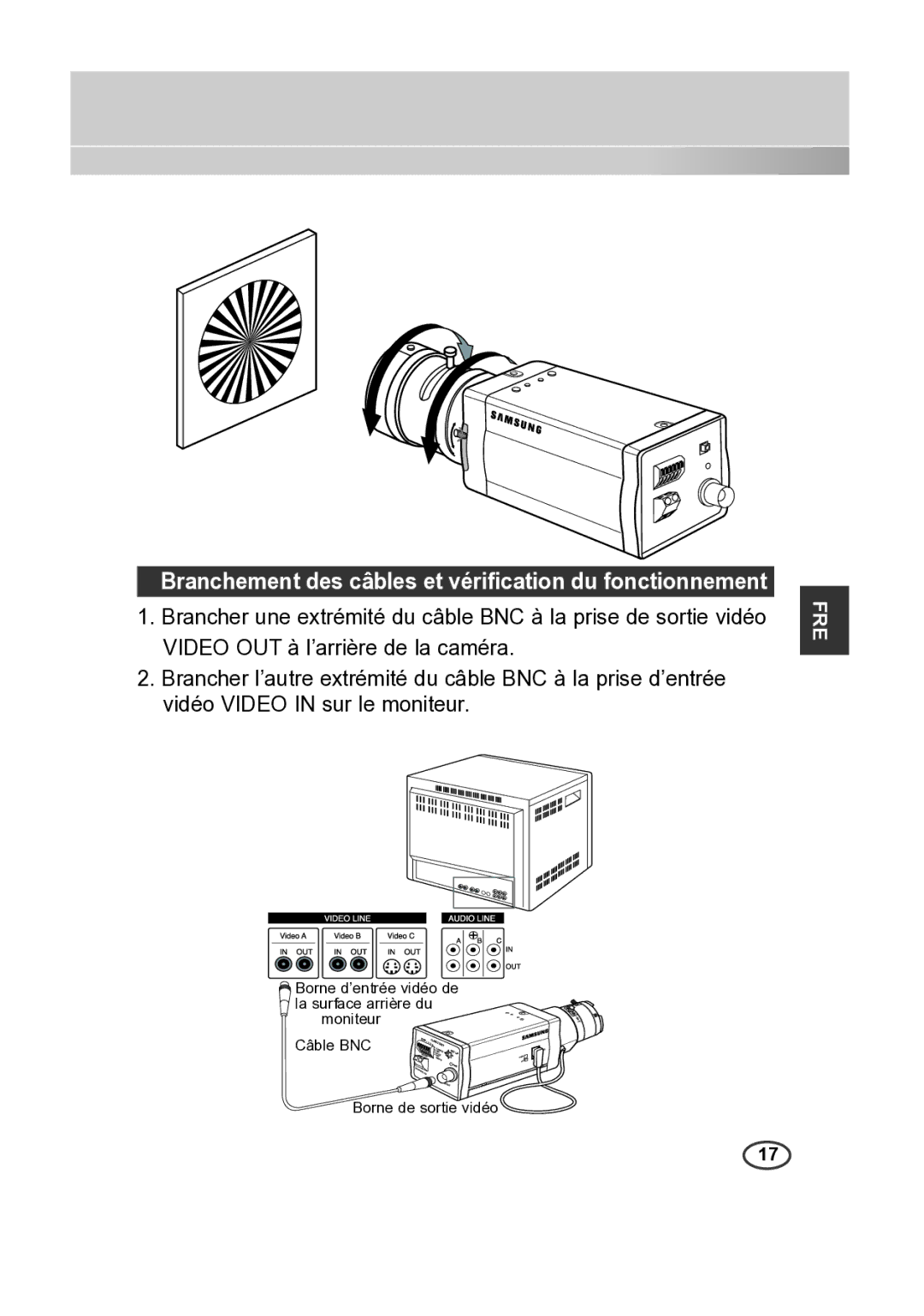 Samsung SCC-A2313P, SCC-A2013P, SCC-B2013P, SCC-B2313P manual Branchement des câbles et vériﬁcation du fonctionnement 