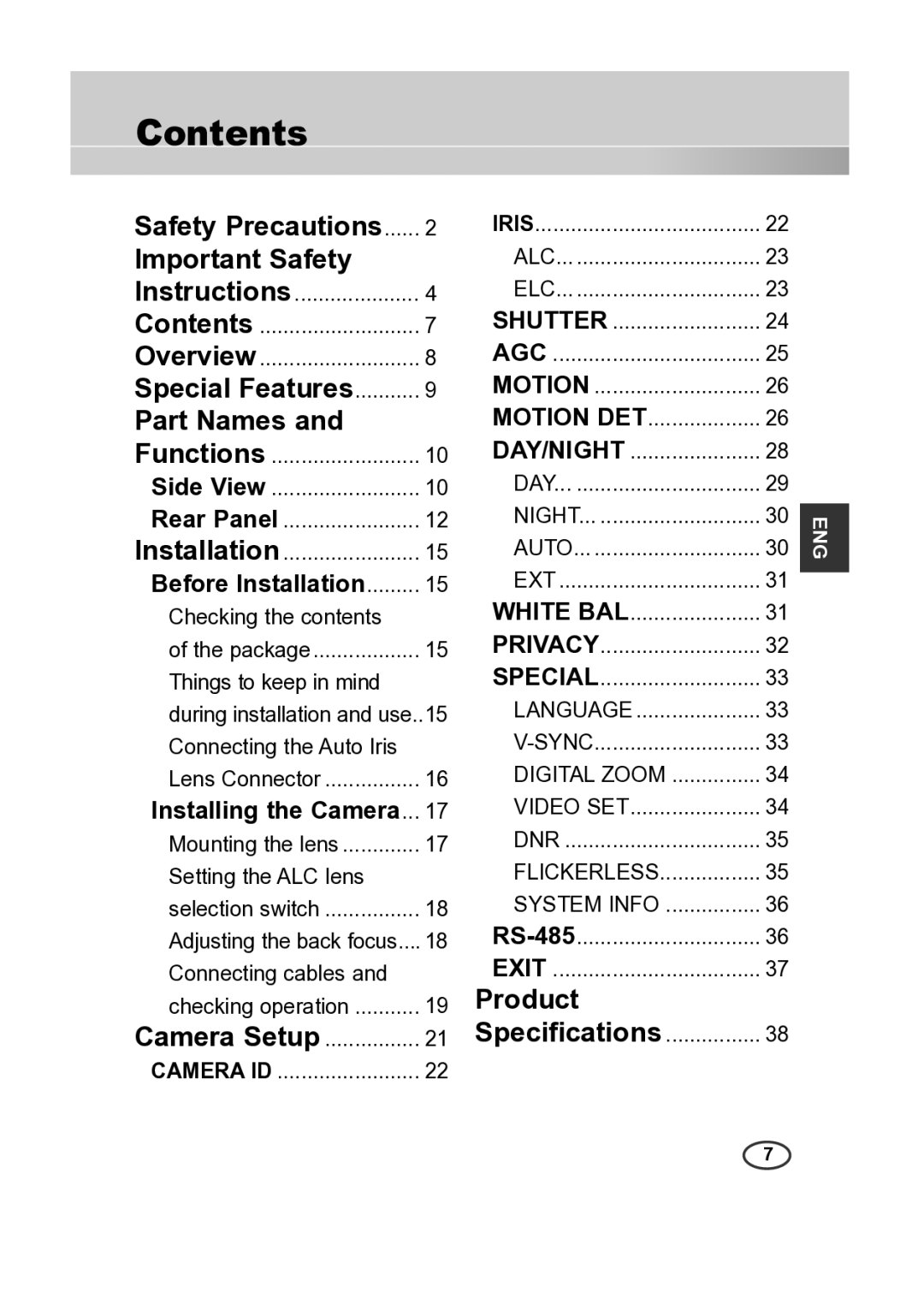 Samsung SCC-A2313P, SCC-A2013P, SCC-B2013P, SCC-B2313P manual Contents 