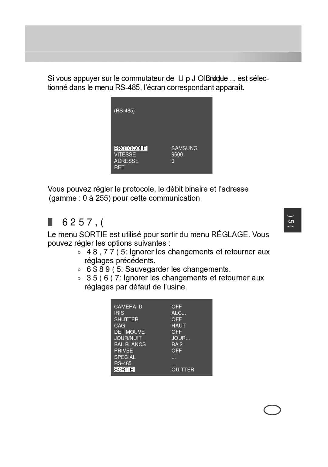 Samsung SCC-B2013P, SCC-A2013P, SCC-B2313P, SCC-A2313P manual Sortie 