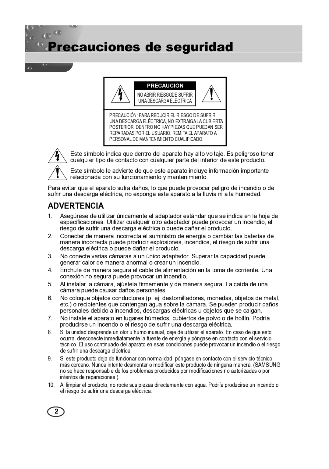 Samsung SCC-A2013P, SCC-B2013P, SCC-B2313P, SCC-A2313P manual Precauciones de seguridad, Precaución 