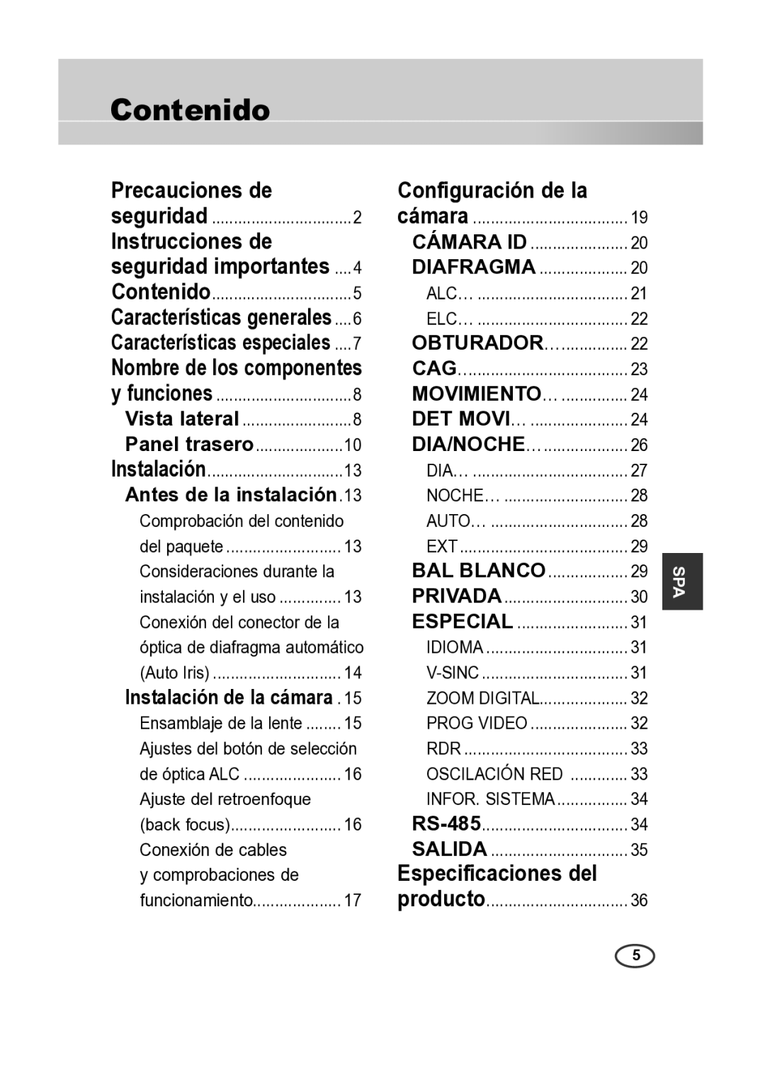 Samsung SCC-A2313P, SCC-A2013P manual Contenido, Precauciones de Configuración de la, Instrucciones de, Especificaciones del 