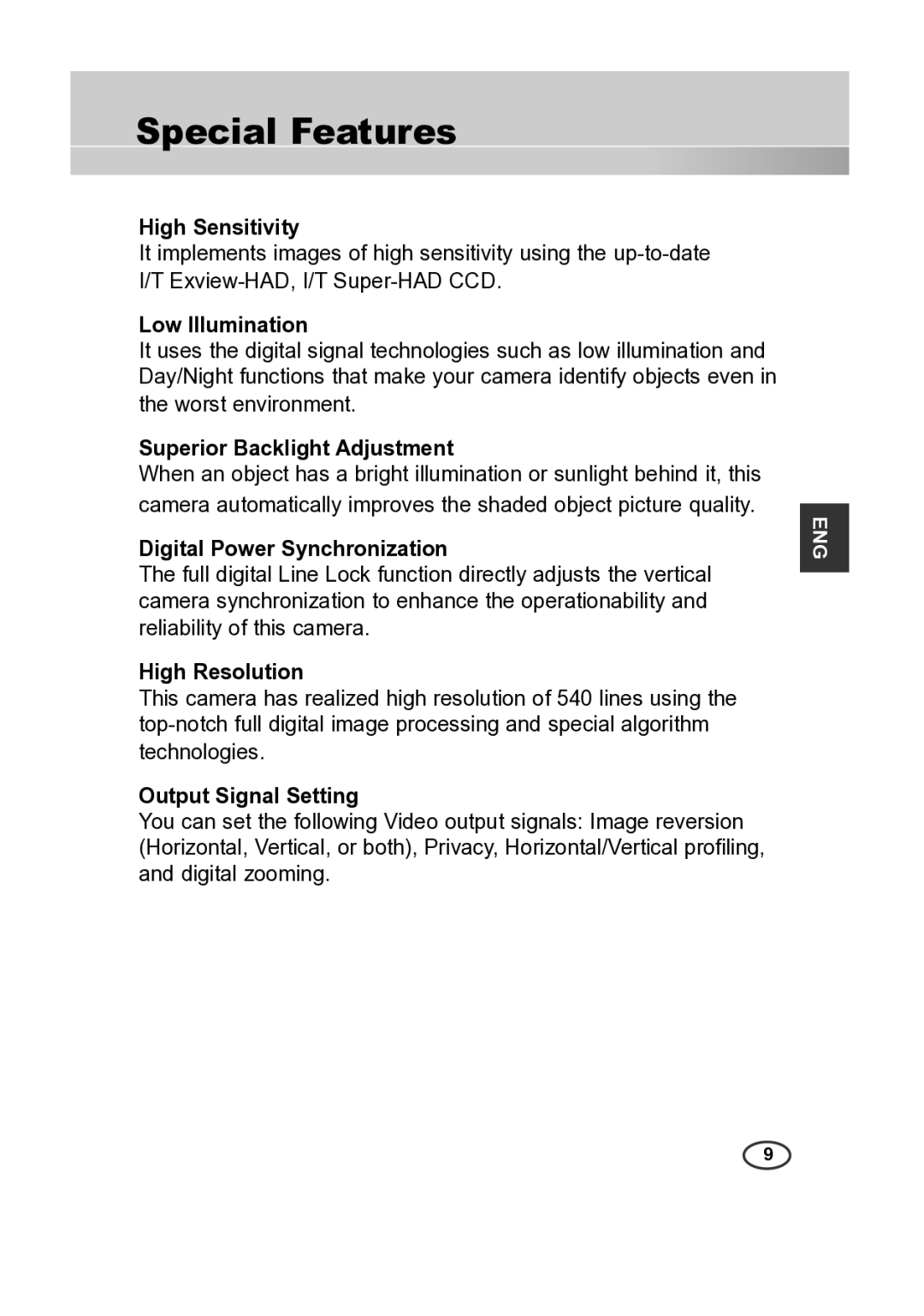 Samsung SCC-B2013P, SCC-A2013P, SCC-B2313P, SCC-A2313P manual Special Features 