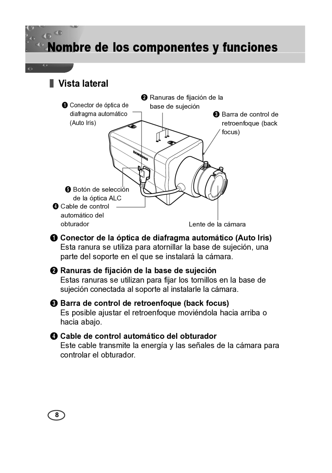 Samsung SCC-B2313P Vista lateral, Barra de control de retroenfoque back focus, Cable de control automático del obturador 