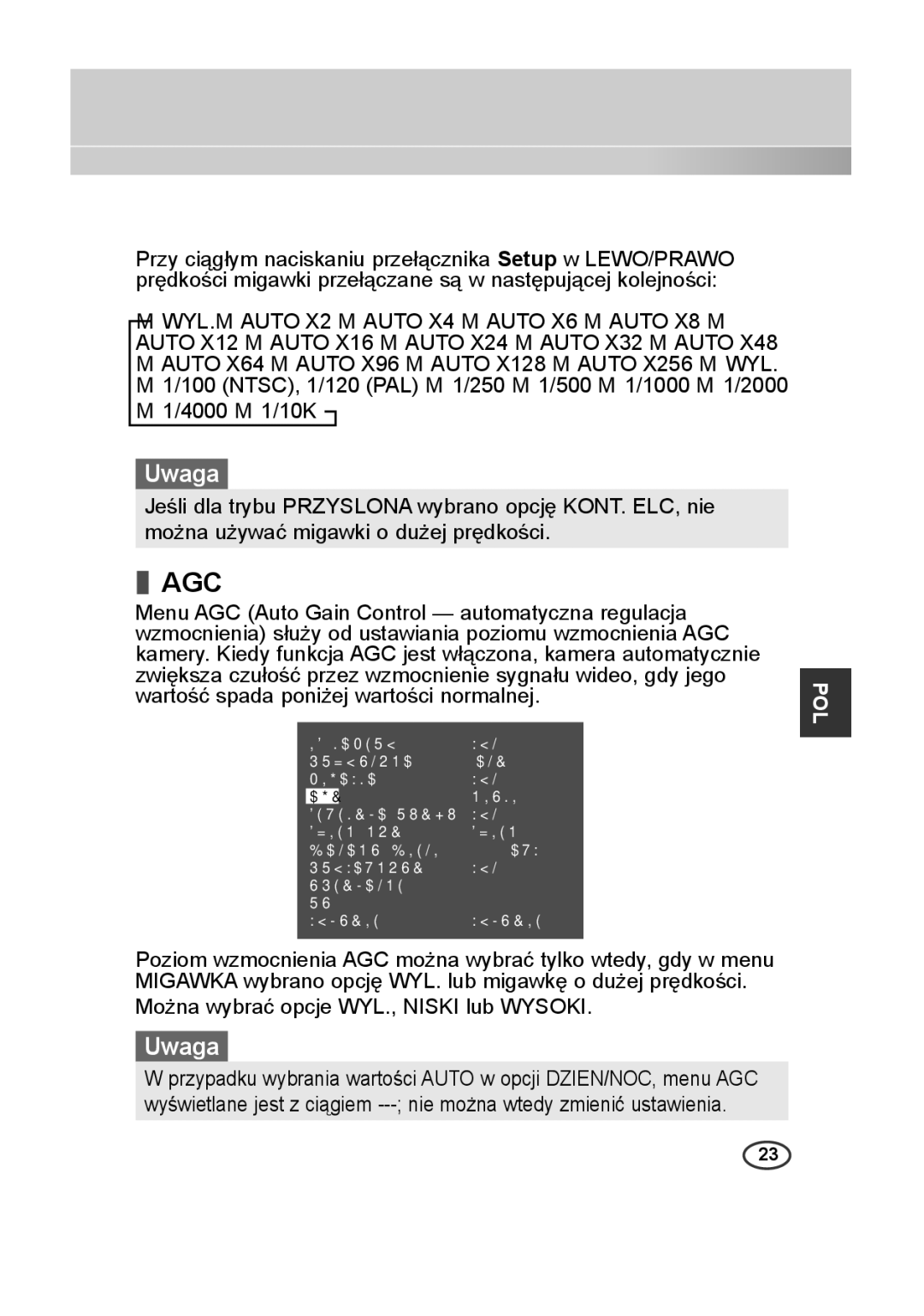 Samsung SCC-A2313P, SCC-A2013P, SCC-B2013P, SCC-B2313P manual Migawka WYL AGC Niski 