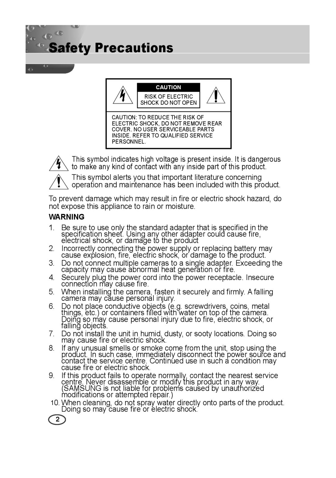 Samsung SCC-B2313P, SCC-A2013P, SCC-B2013P, SCC-A2313P manual Safety Precautions 