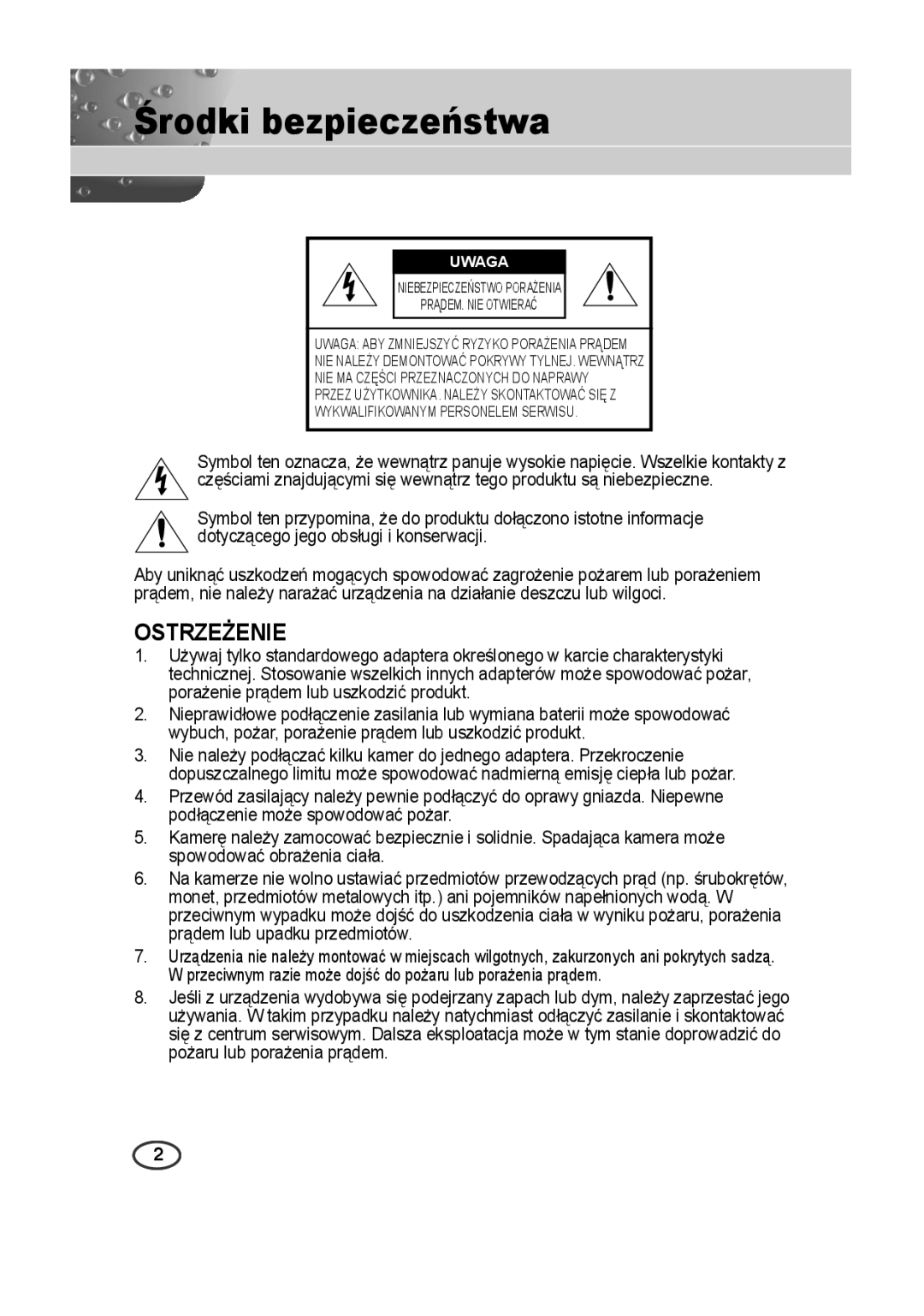 Samsung SCC-B2313P, SCC-A2013P, SCC-B2013P, SCC-A2313P manual Środki bezpieczeństwa, Uwaga 