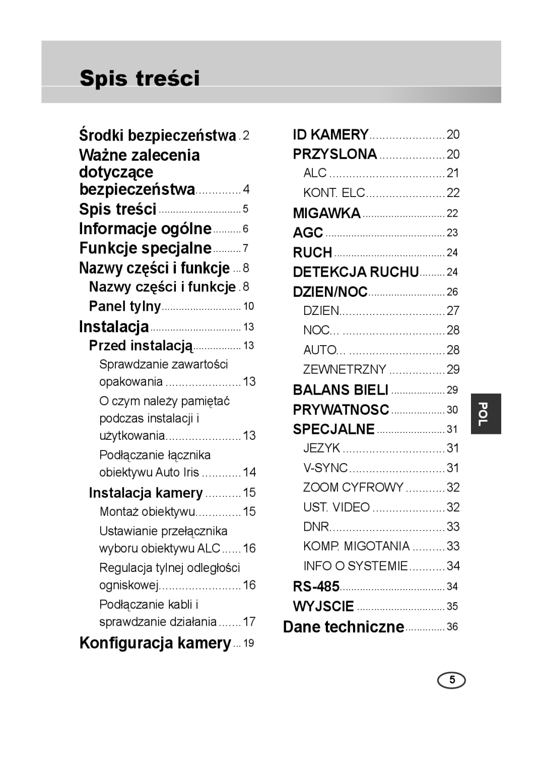 Samsung SCC-B2013P, SCC-A2013P, SCC-B2313P, SCC-A2313P manual Spis treści, Ważne zalecenia Dotyczące 