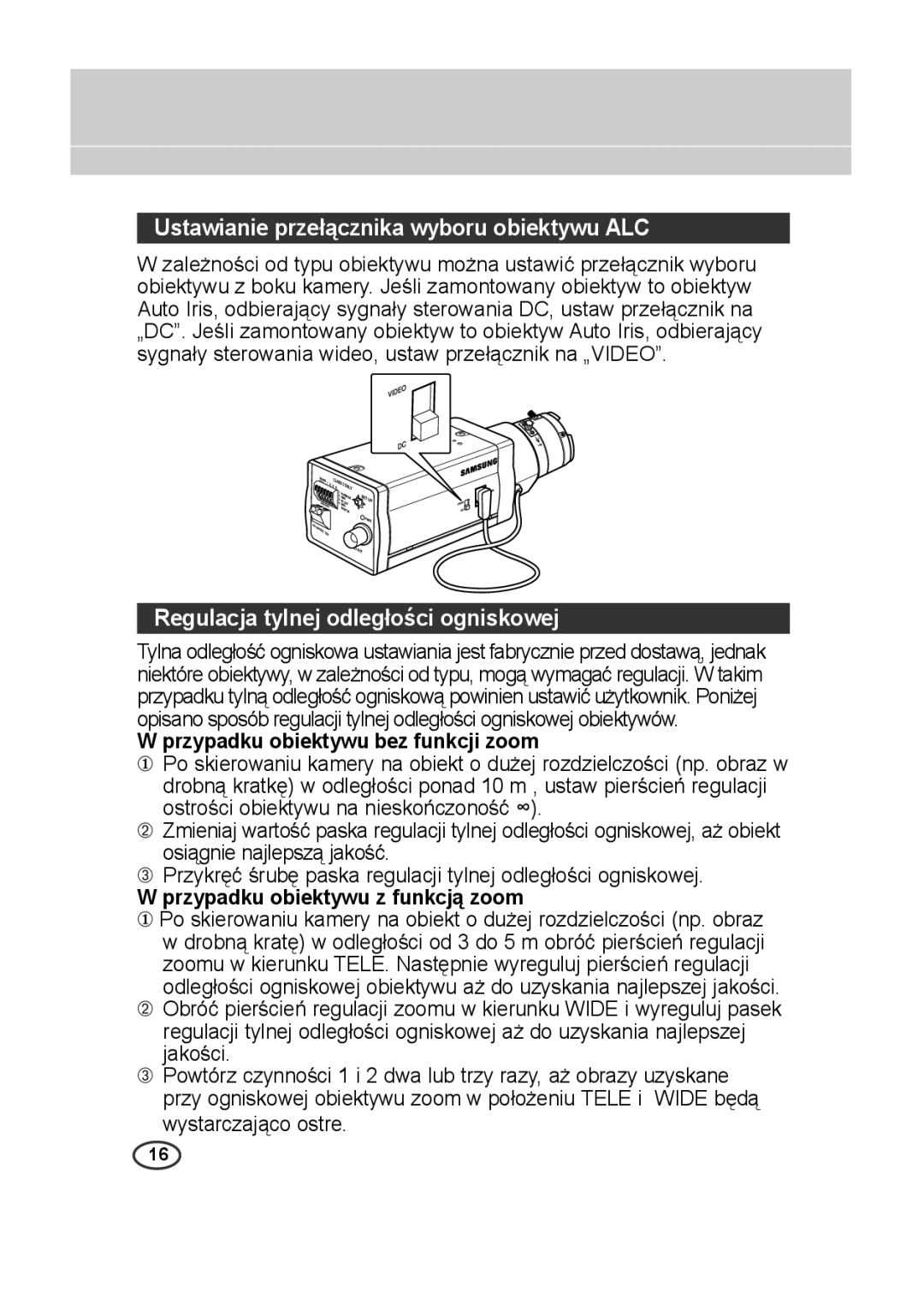 Samsung SCC-A2013P, SCC-B2013P manual Ustawianie przełącznika wyboru obiektywu ALC, Regulacja tylnej odległości ogniskowej 