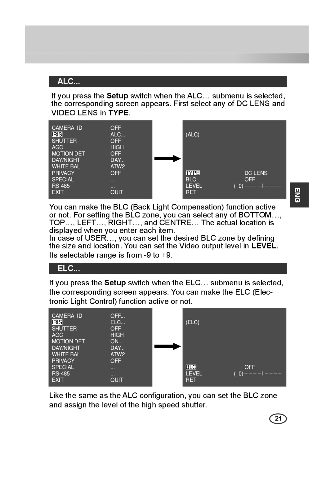 Samsung SCC-B2013P, SCC-A2013P, SCC-B2313P, SCC-A2313P manual Alc, Elc 