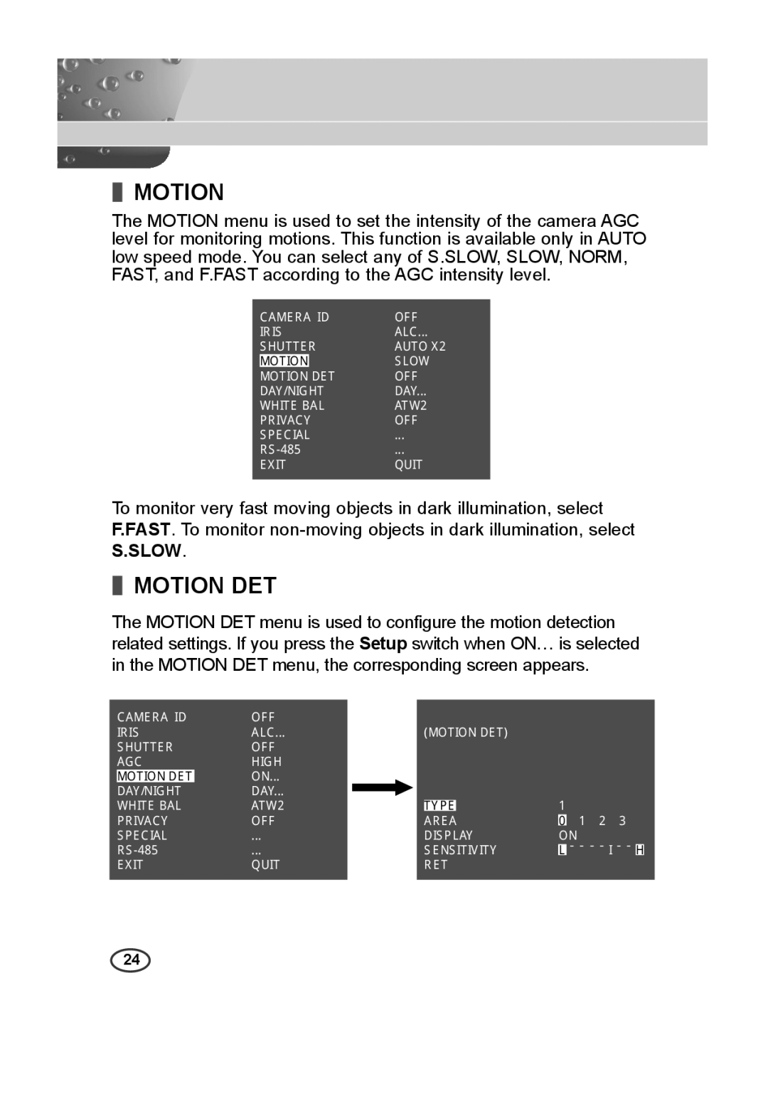 Samsung SCC-A2013P, SCC-B2013P, SCC-B2313P, SCC-A2313P manual Motion DET 