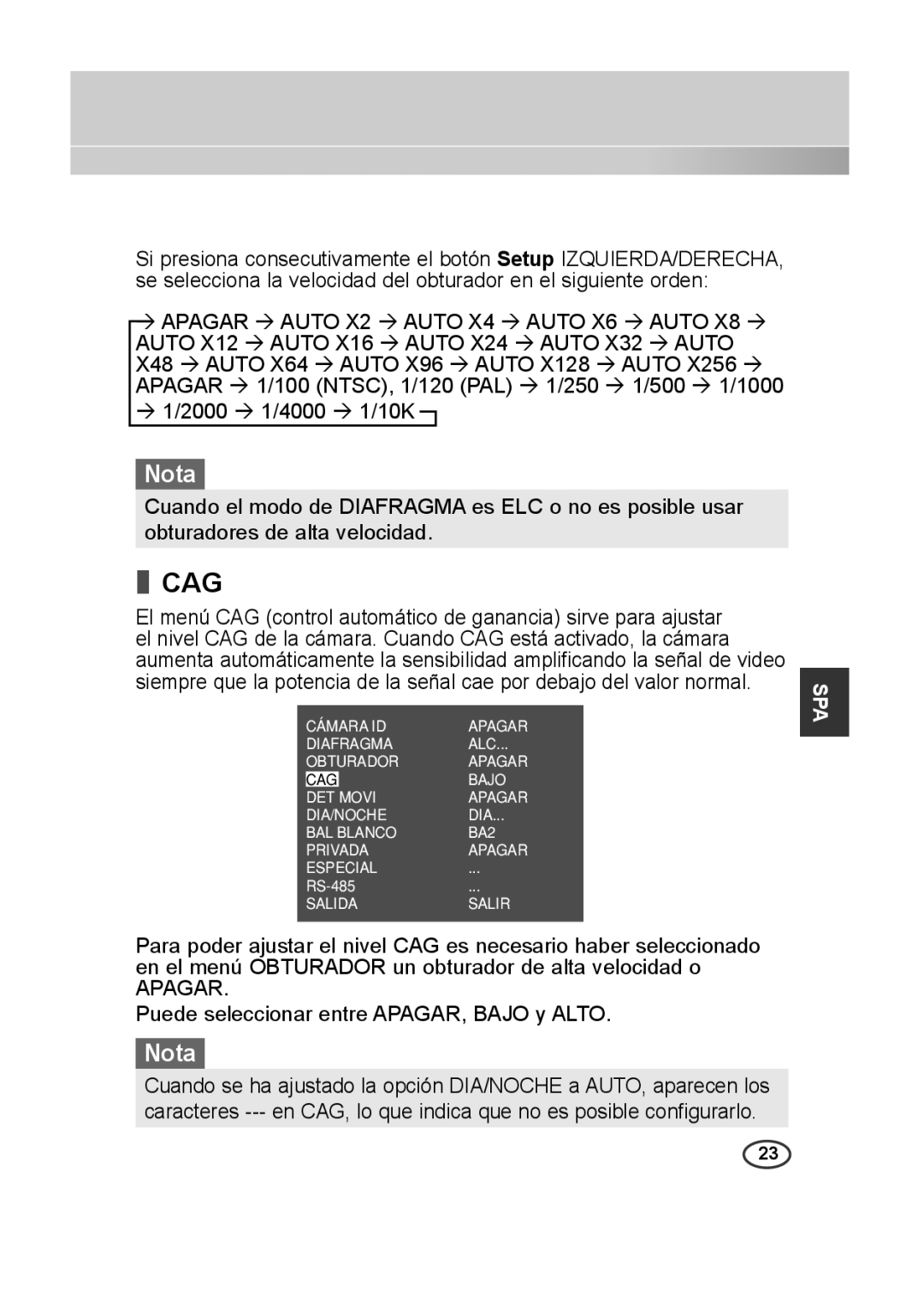 Samsung SCC-B2013P, SCC-A2013P manual Nota,  1/2000  1/4000  1/10K, APAGAR Puede seleccionar entre APAGAR, BAJO y ALTO 