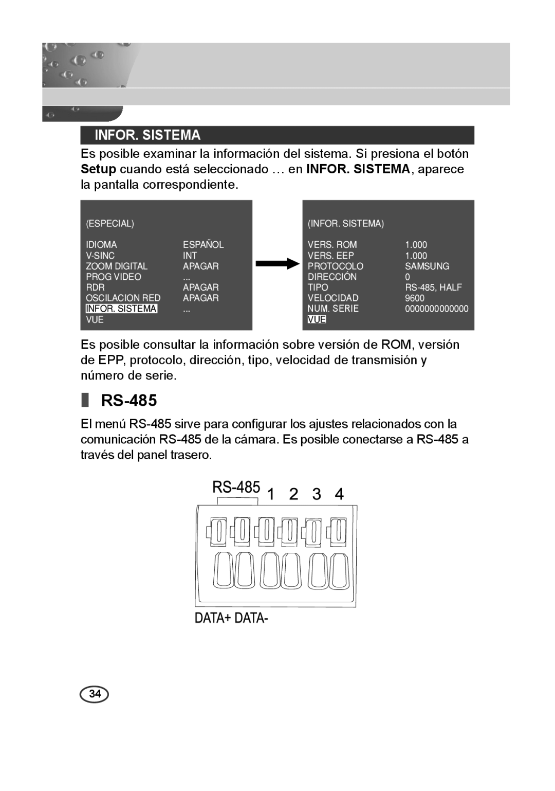 Samsung SCC-A2013P, SCC-B2013P, SCC-B2313P, SCC-A2313P manual Infor. Sistema, RS-485, Num. Serie 