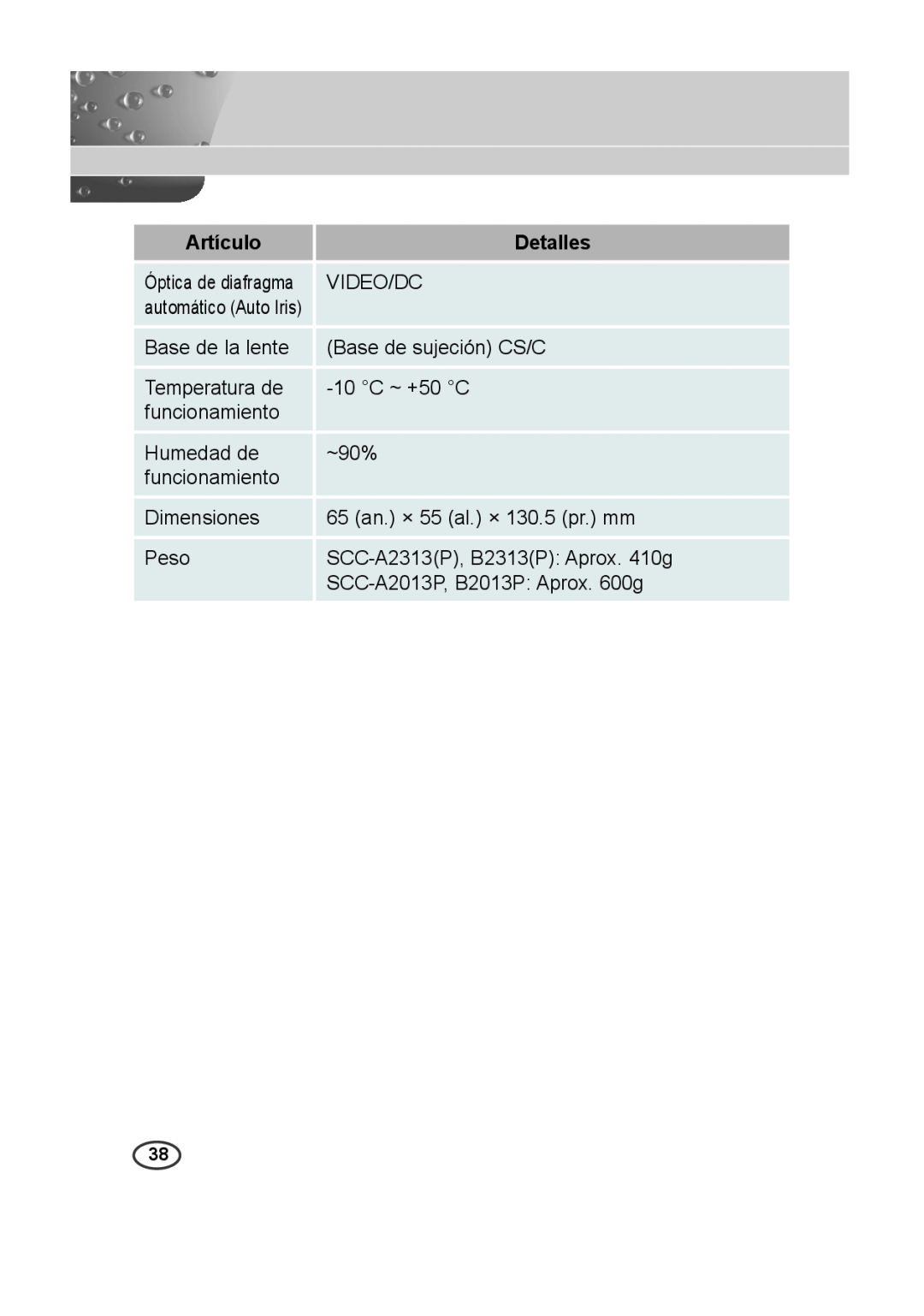 Samsung SCC-A2013P manual Artículo, Detalles, Óptica de diafragma, automático Auto Iris, SCC-A2313P, B2313P Aprox. 410g 