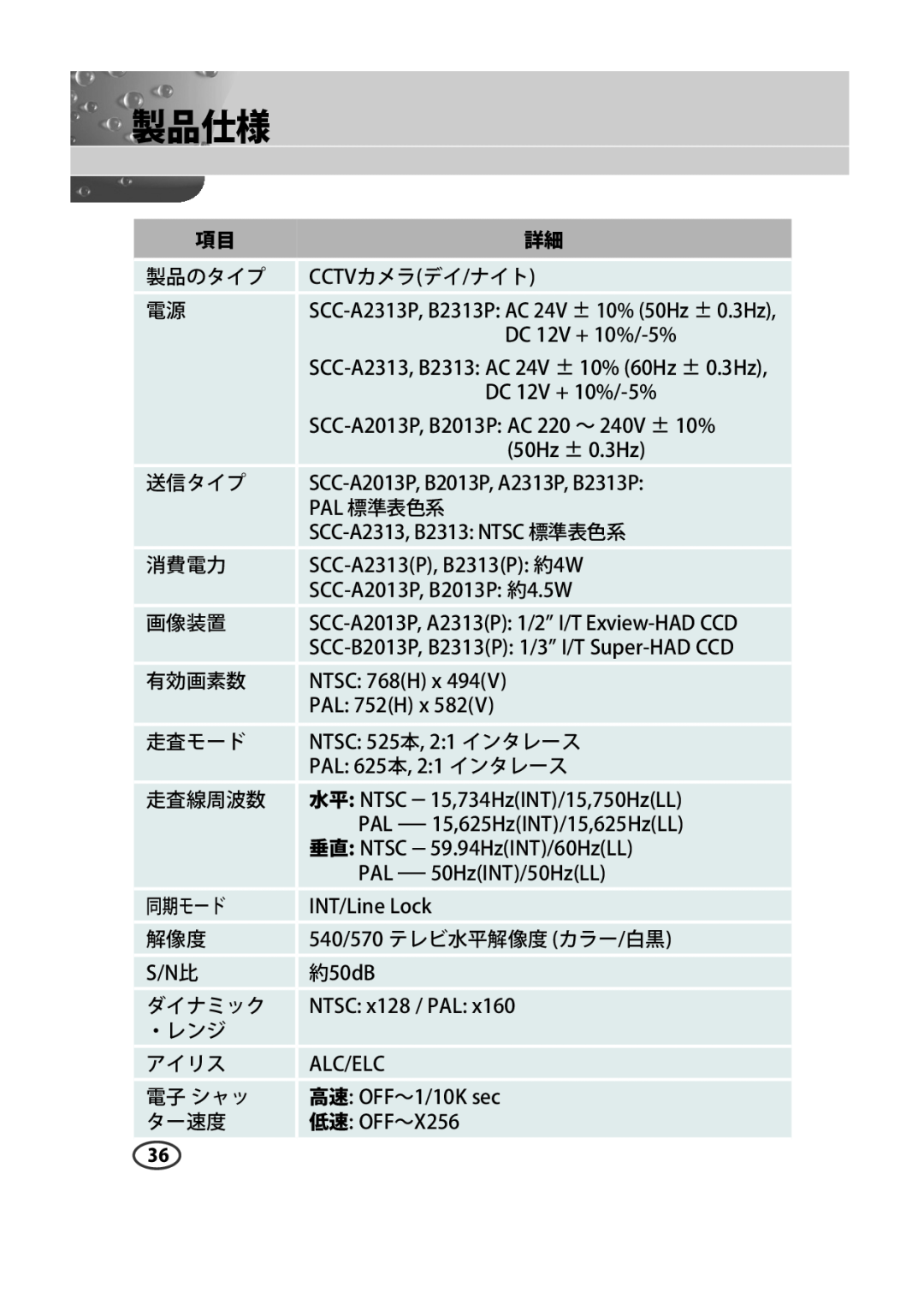 Samsung SCC-B2313P, SCC-A2013P, SCC-B2013P, SCC-A2313P manual 製品仕様 