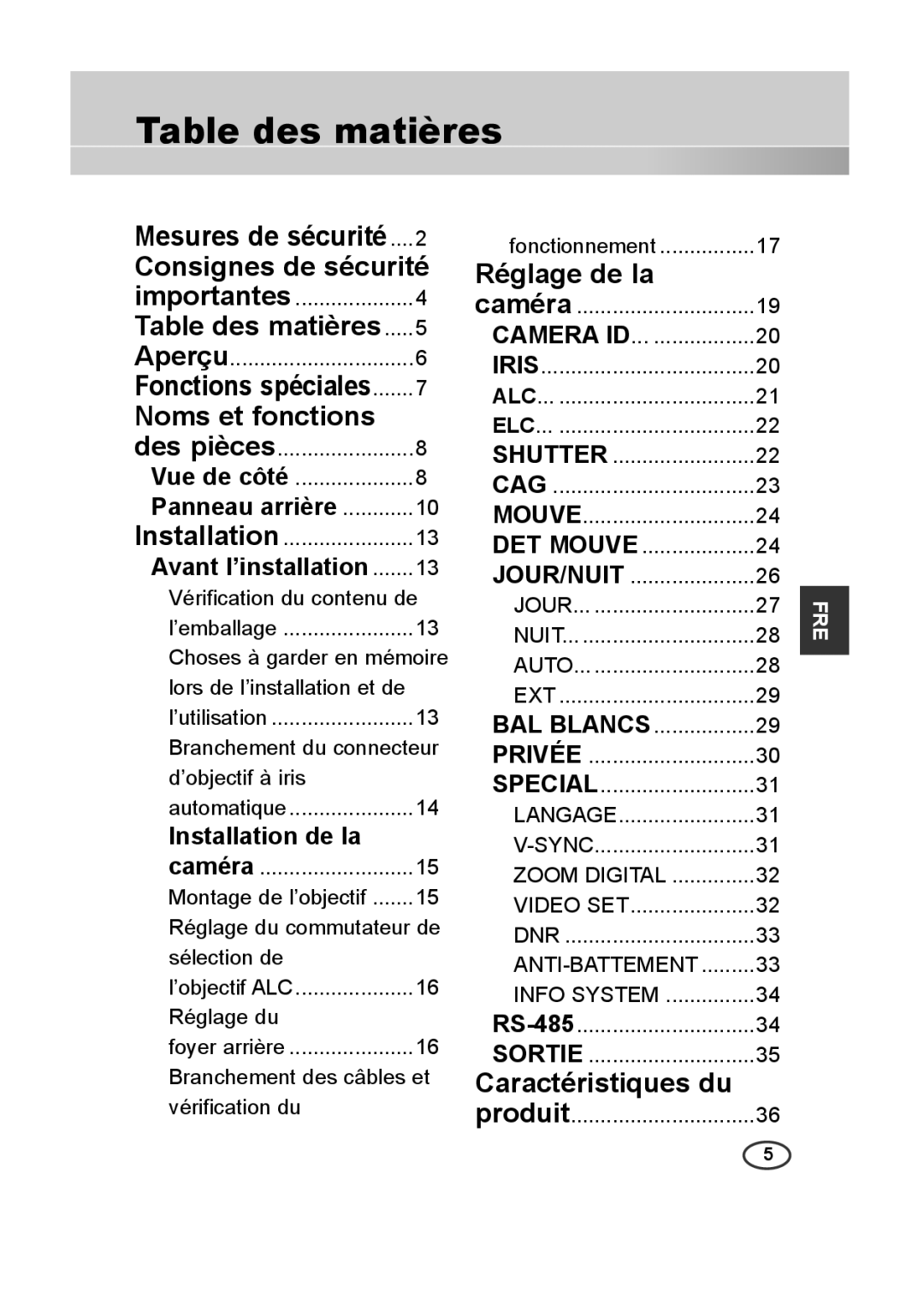 Samsung SCC-A2313P manual Table des matières, Consignes de sécurité, Noms et fonctions, Réglage de la, Caractéristiques du 