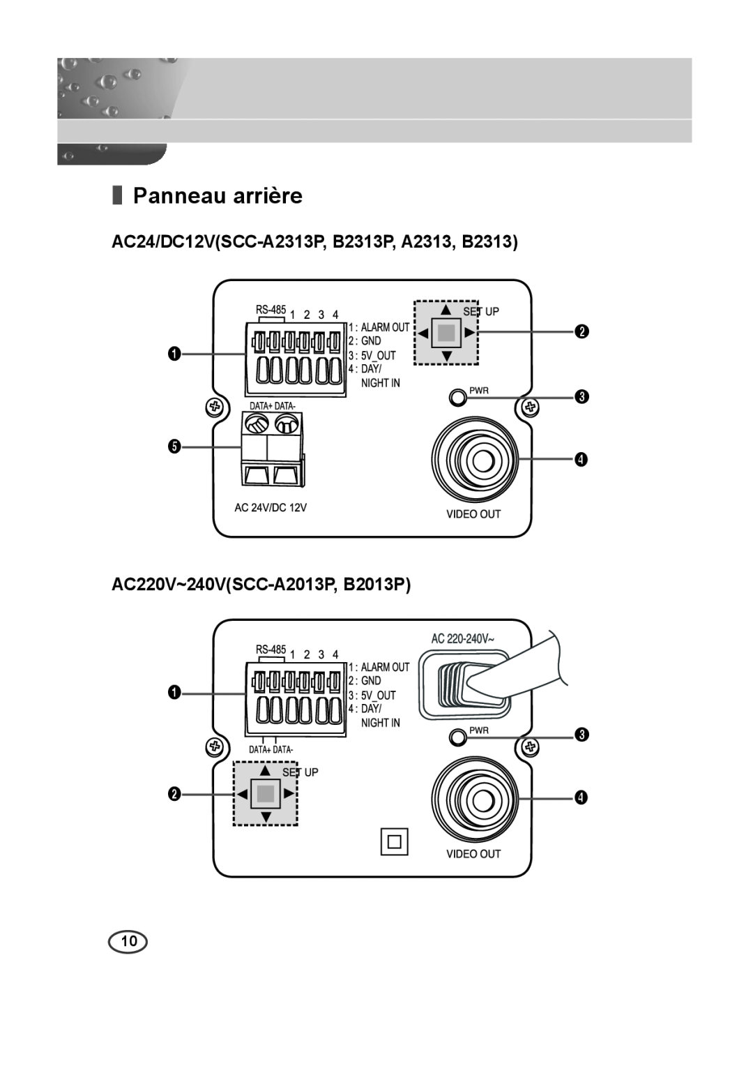 Samsung SCC-B2013P manual Panneau arrière, AC24/DC12VSCC-A2313P, B2313P, A2313, B2313, AC220V~240VSCC-A2013P, B2013P 