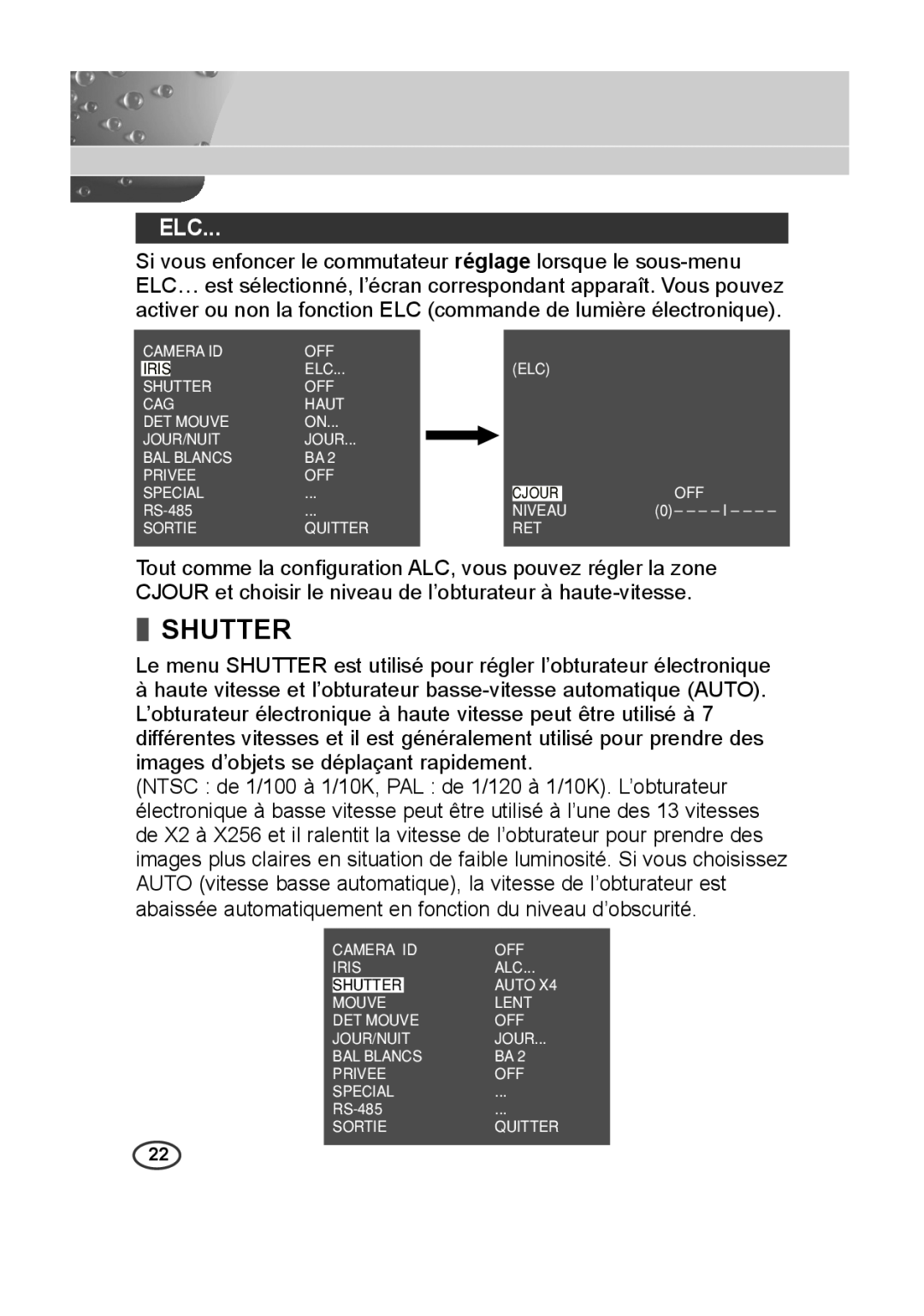 Samsung SCC-A2013P, SCC-B2013P, SCC-B2313P manual Shutter, Le menu SHUTTER est utilisé pour régler l’obturateur électronique 