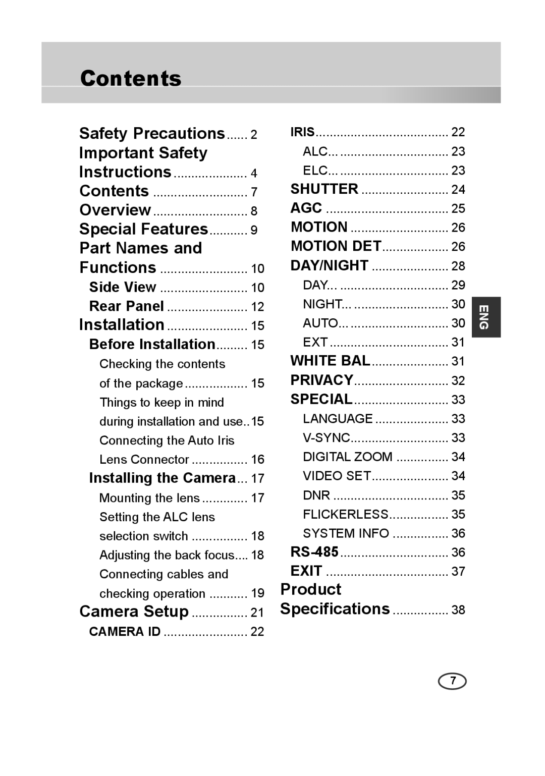 Samsung SCC-A2313P, SCC-A2013P Contents, Important Safety, Part Names and, Product, Safety Precautions, Special Features 