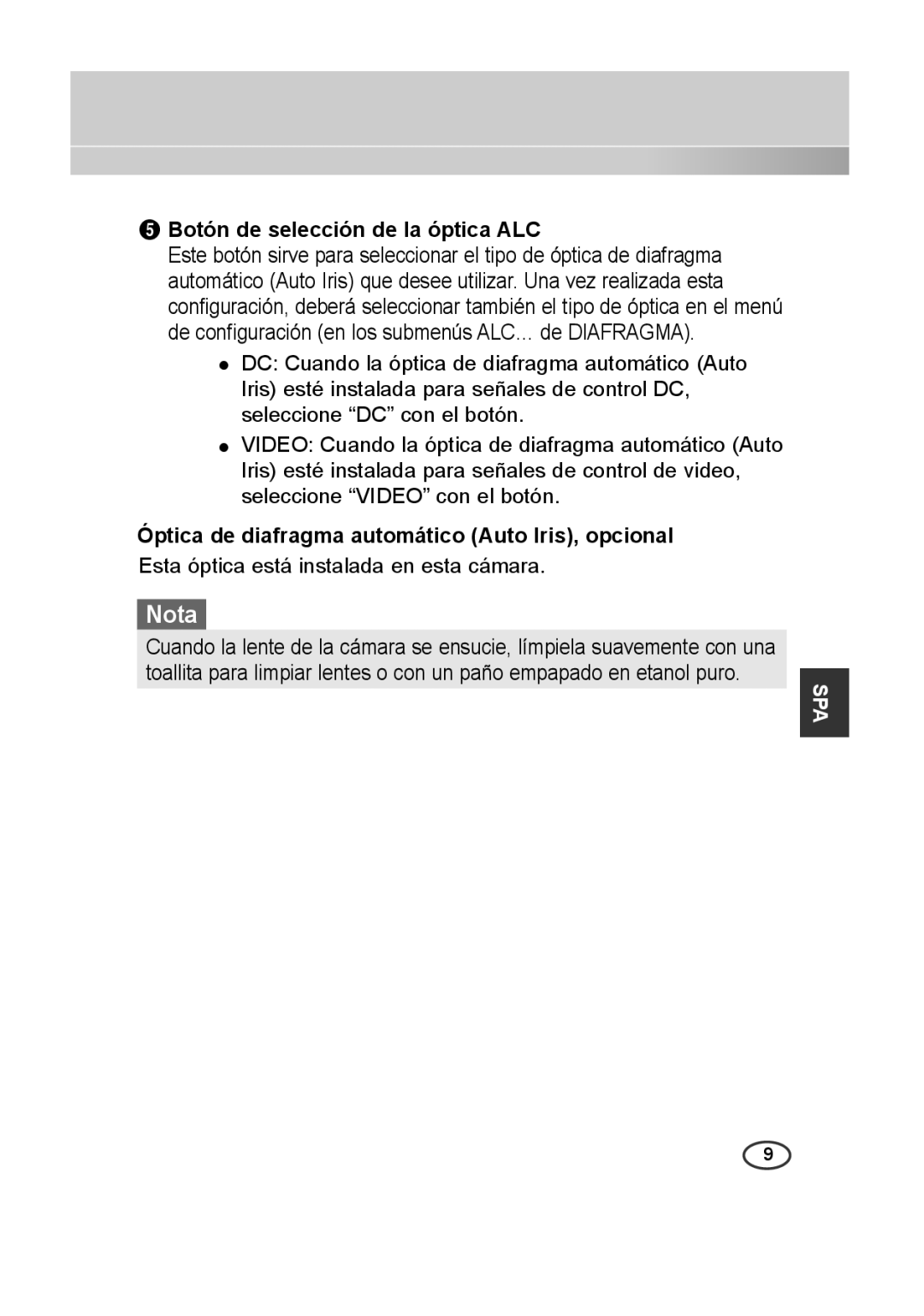 Samsung SCC-A2313P manual Nota, 5 Botón de selección de la óptica ALC, Óptica de diafragma automático Auto Iris, opcional 