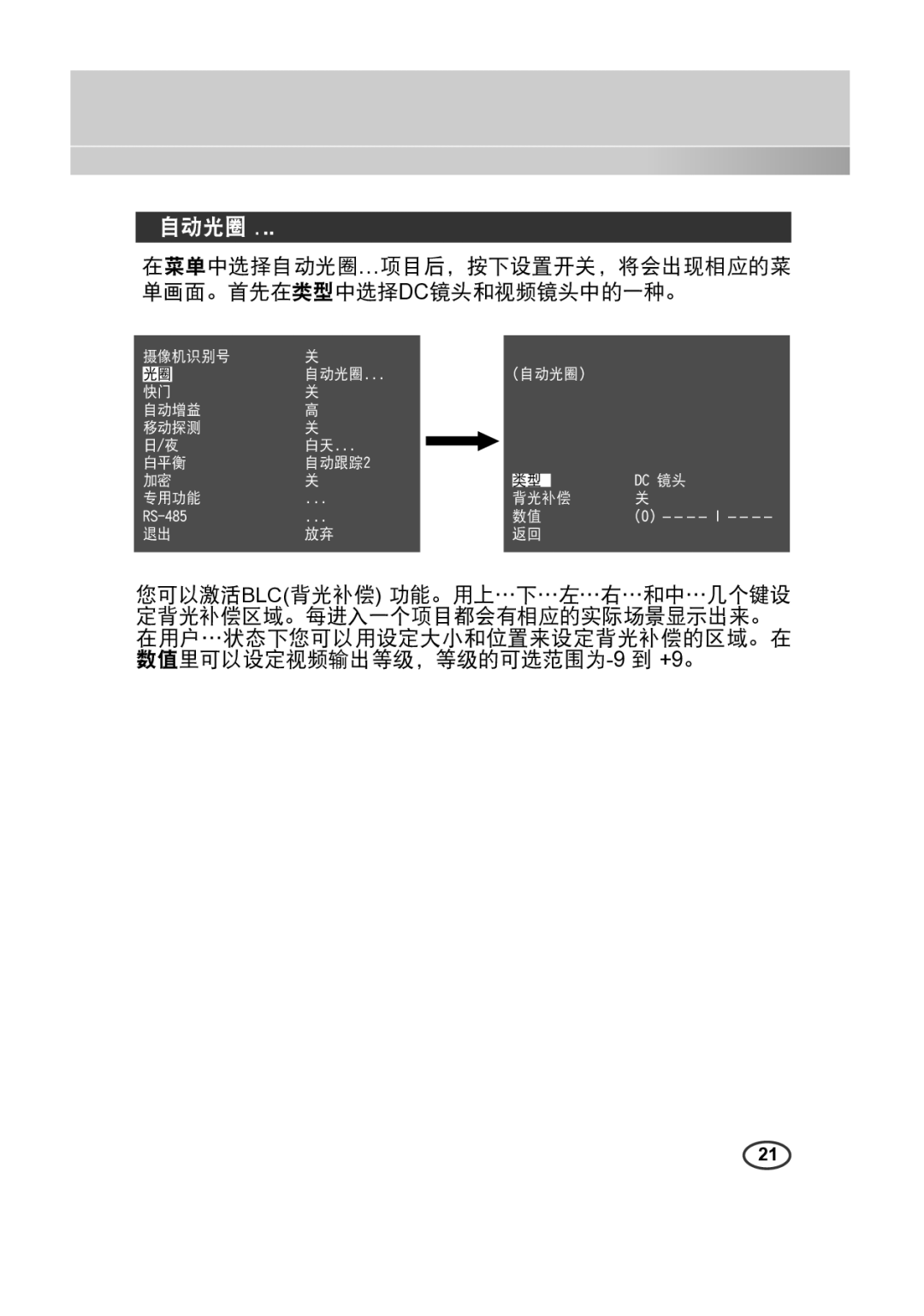 Samsung SCC-B2313(P), SCC-A2013P, SCC-B2013P, SCC-A2313(P) 在菜单中选择自动光圈…项目后，按下设置开关，将会出现相应的菜 单画面。首先在类型中选择dc镜头和视频镜头中的一种。 