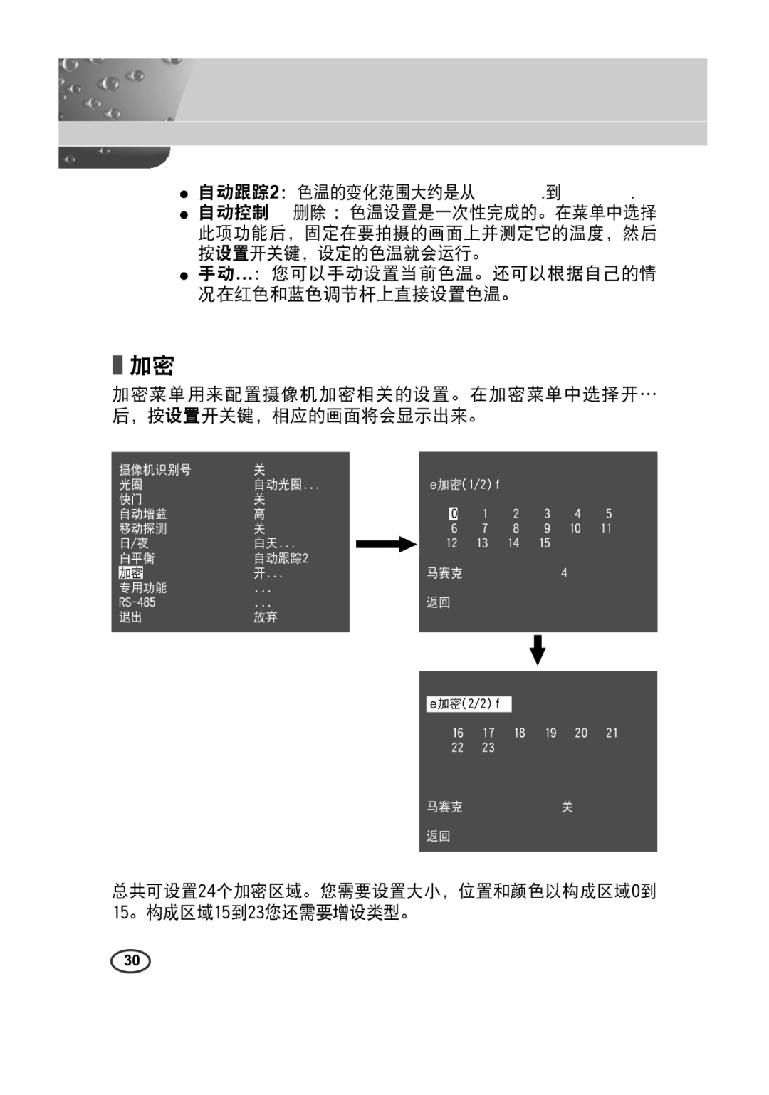 Samsung SCC-B2013P, SCC-A2013P  自动跟踪2：色温的变化范围大约是从 2000K 到 10000K, 总共可设置24个加密区域。您需要设置大小，位置和颜色以构成区域0到 15。构成区域15到23您还需要增设类型。 