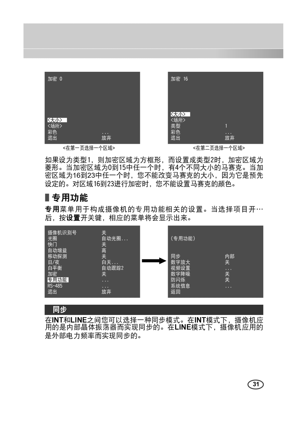 Samsung SCC-A2313(P), SCC-A2013P, SCC-B2313(P), SCC-B2013P manual 专用菜单用于构成摄像机的专用功能相关的设置。当选择项目开… 后，按设置开关键，相应的菜单将会显示出来。 