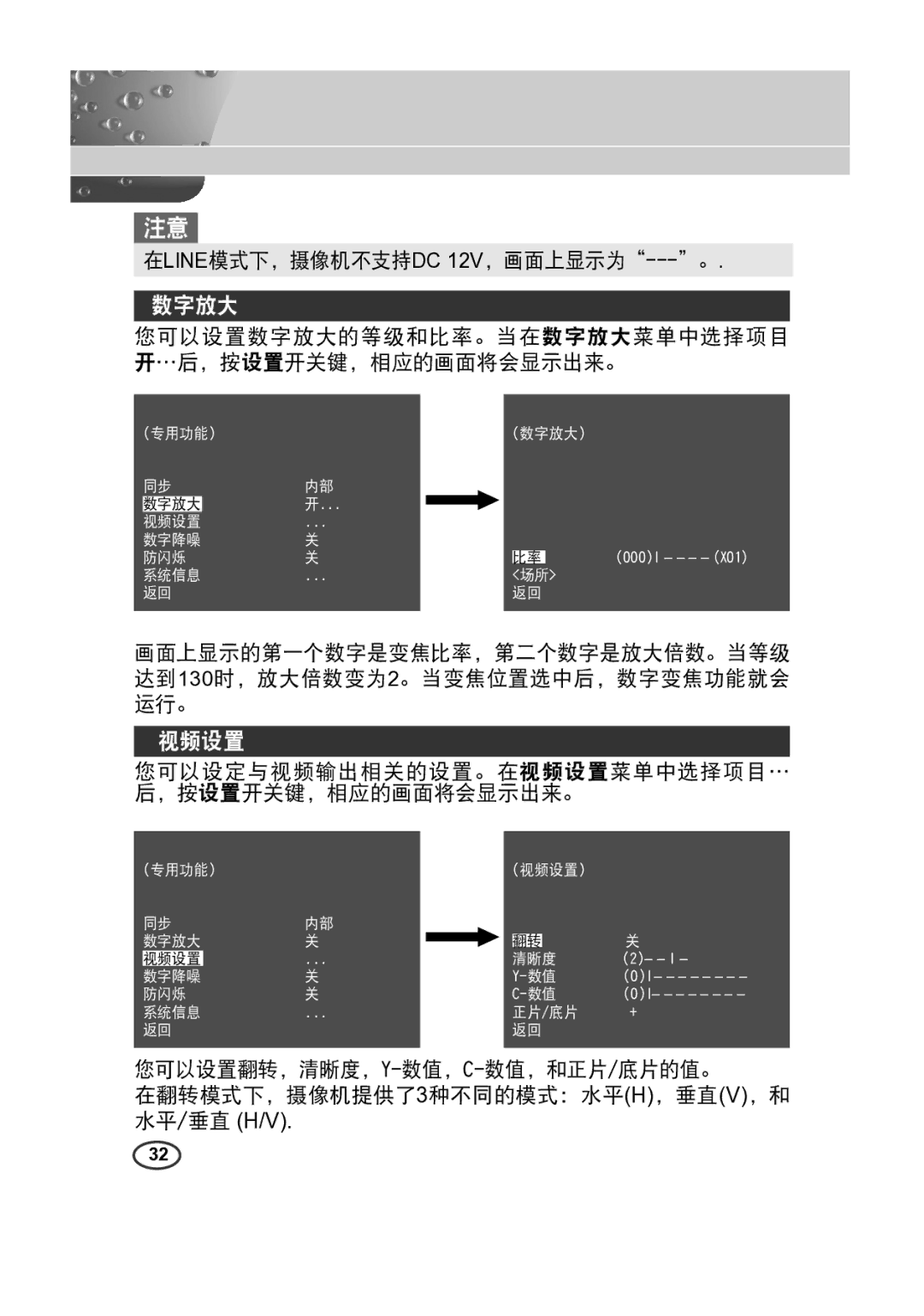 Samsung SCC-A2013P manual 视频设置, 在LINE模式下，摄像机不支持DC 12V，画面上显示为---。, 您可以设置数字放大的等级和比率。当在数字放大菜单中选择项目 开…后，按设置开关键，相应的画面将会显示出来。 