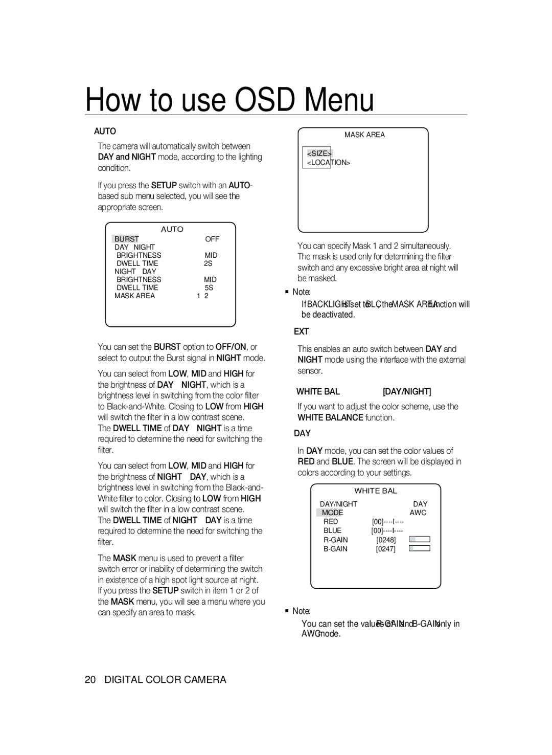 Samsung SCC-A2333P, SCC-A2033P user manual Auto, Ext, White BAL 