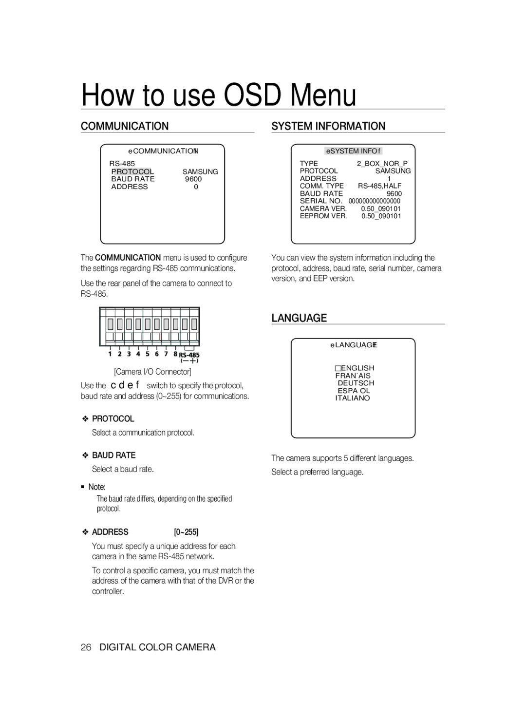 Samsung SCC-A2333P, SCC-A2033P user manual Communication, System Information, Language, Protocol, Address 