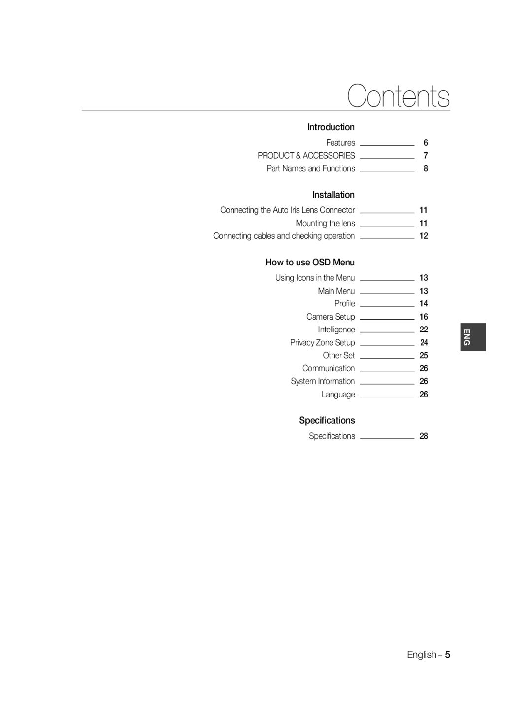 Samsung SCC-A2333P, SCC-A2033P user manual Contents 