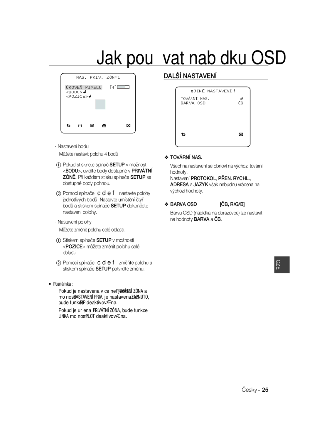 Samsung SCC-A2033P, SCC-A2333P manual Další Nastavení, Nastavení bodu Můžete nastavit polohu 4 bodů, Tovární NAS, Barva OSD 