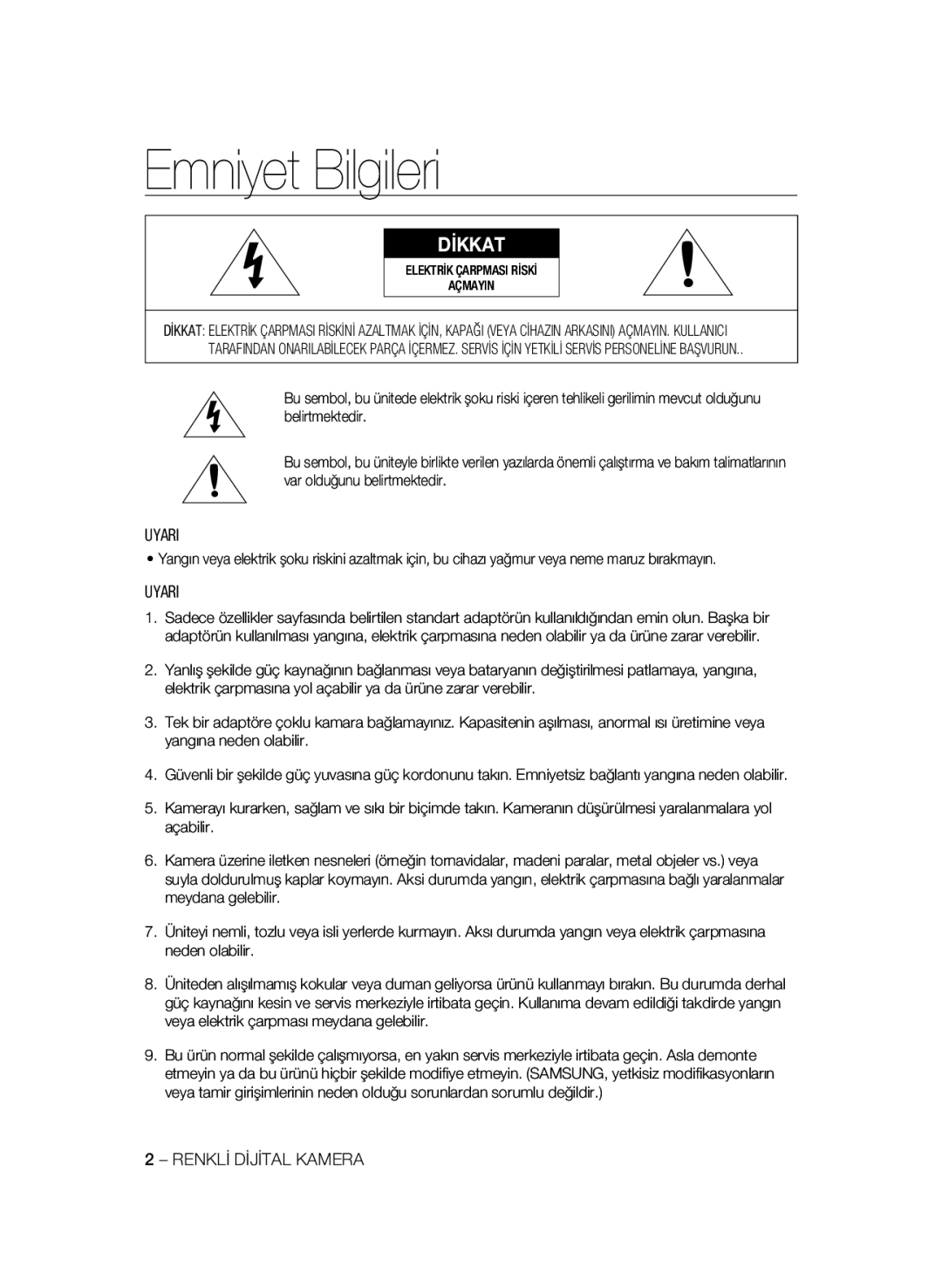 Samsung SCC-A2333P, SCC-A2033P manual Emniyet Bilgileri, Uyari, Renklİ Dİjİtal Kamera, Elektrİk Çarpmasi Rİskİ Açmayin 