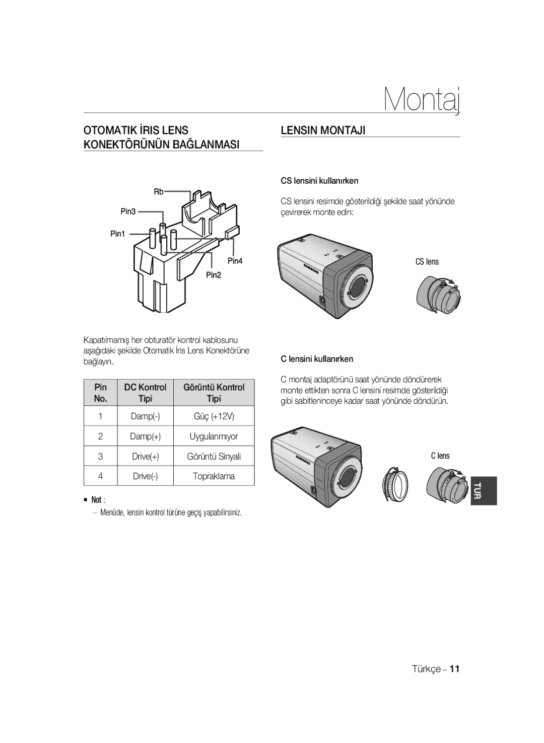 Samsung SCC-A2033P, SCC-A2333P manual Otomatik İris Lens Lensin Montaji 