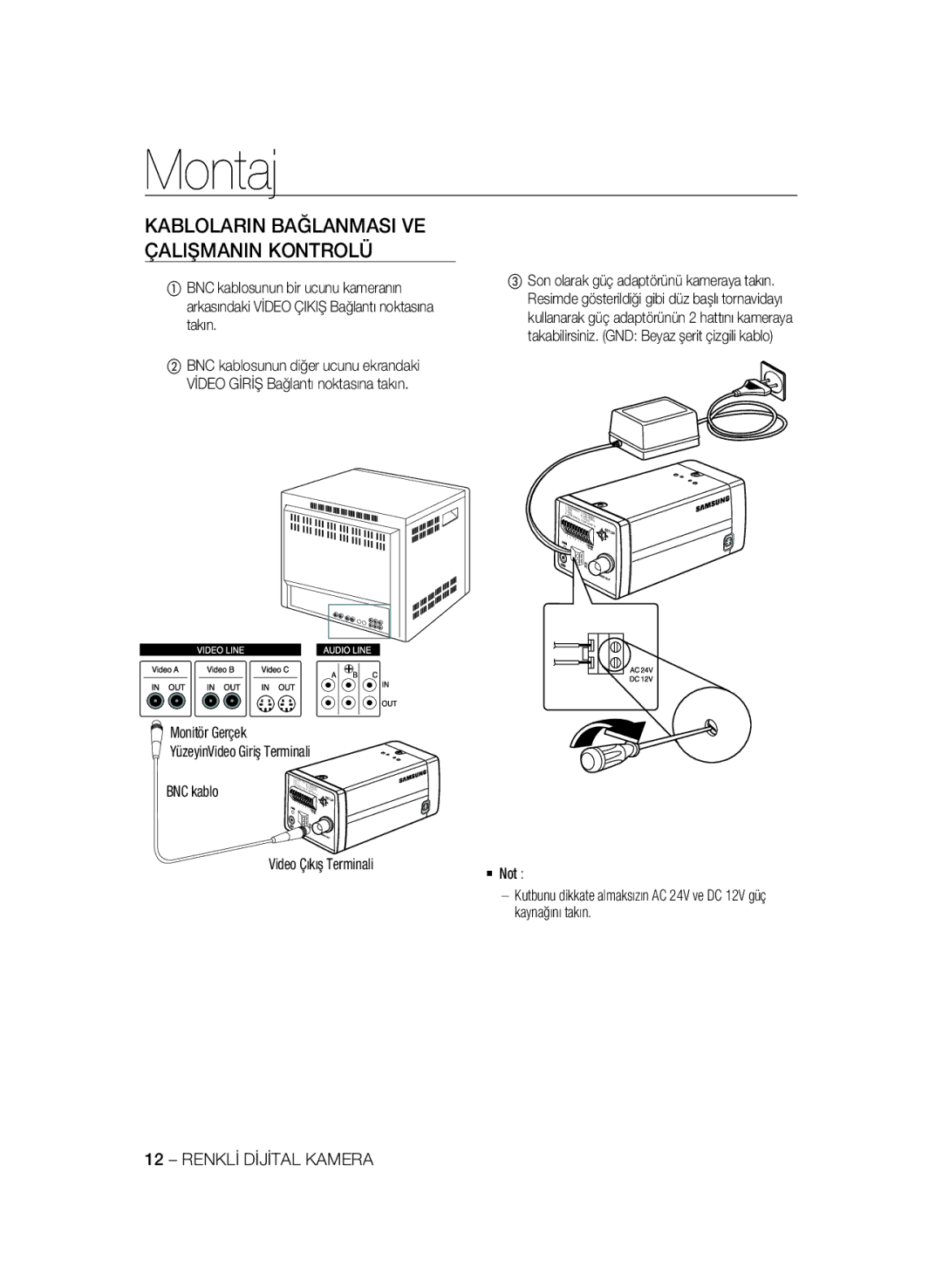 Samsung SCC-A2333P, SCC-A2033P manual Kablolarin Bağlanmasi VE Çalişmanin Kontrolü 