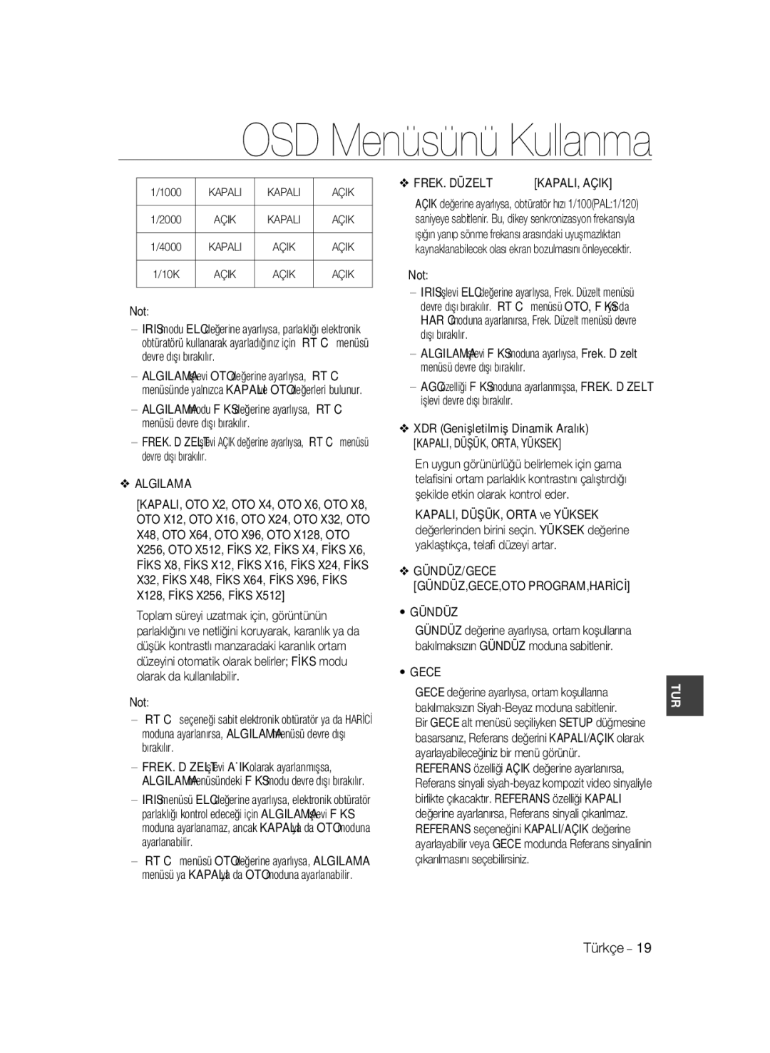 Samsung SCC-A2033P, SCC-A2333P manual Algilama, FREK. Düzelt, Gündüz, Gece 