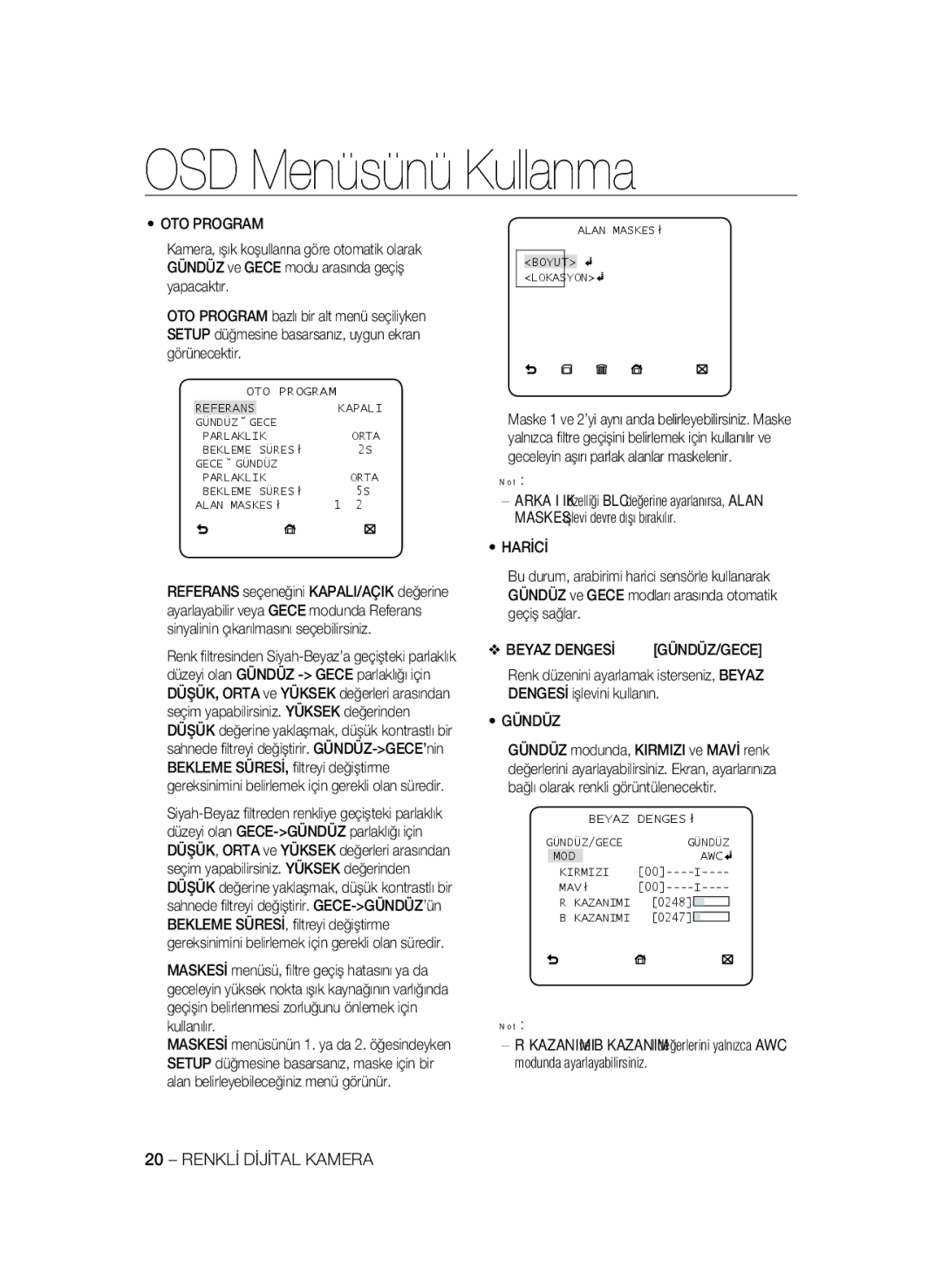 Samsung SCC-A2333P, SCC-A2033P manual OTO Program, Harİcİ, Beyaz Dengesİ, Gündüz/Gece, ‹ALAN MASKESİ‹ Boyut Lokasyon 