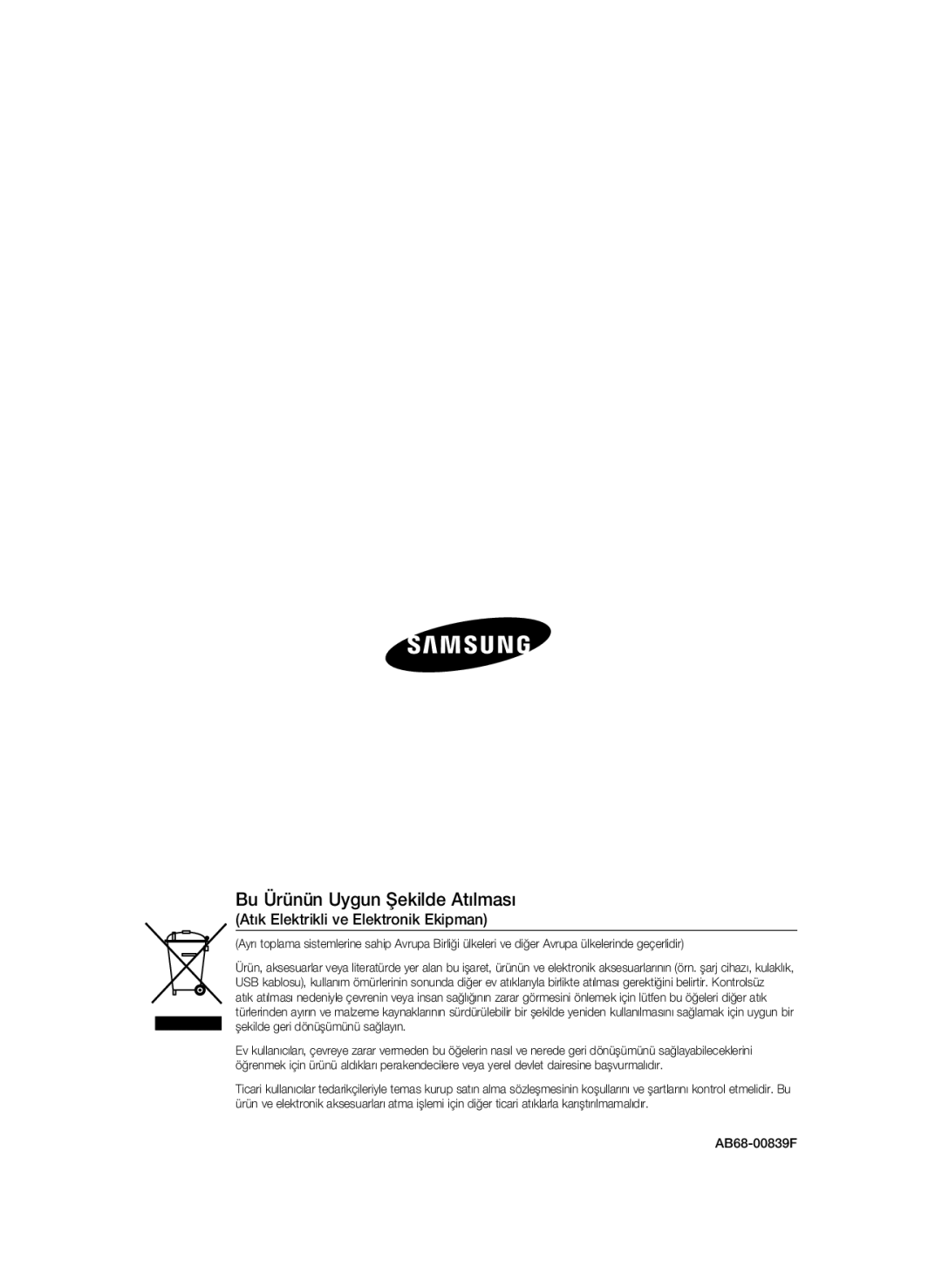 Samsung SCC-A2333P, SCC-A2033P manual Atık Elektrikli ve Elektronik Ekipman, AB68-00839F 