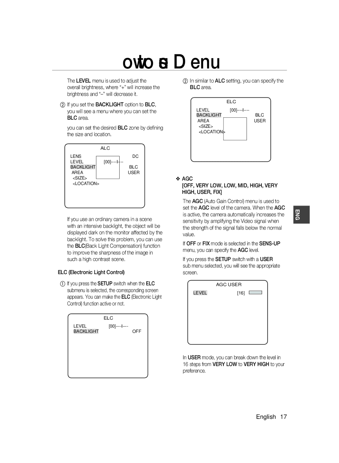 Samsung SCC-A2033P, SCC-A2333P manual AGC OFF, Very LOW, LOW, MID, HIGH, Very HIGH, USER, FIX 