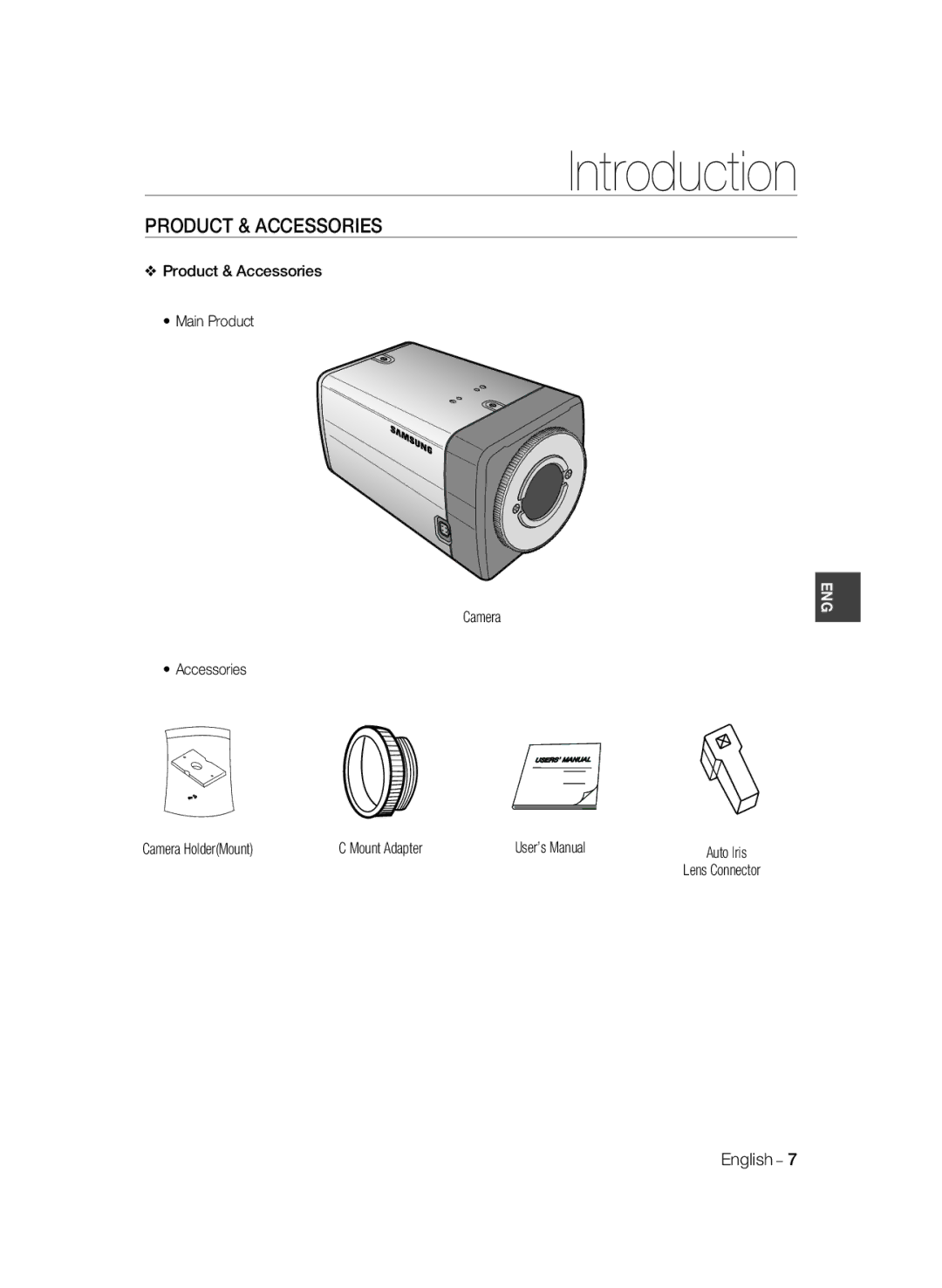 Samsung SCC-A2033P manual Product & Accessories Main Product Camera, Camera HolderMount Mount Adapter User’s Manual 