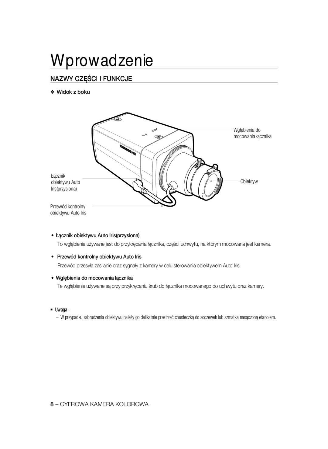 Samsung SCC-A2333P, SCC-A2033P manual Nazwy Części I Funkcje, Widok z boku Wgłębienia do,  Uwaga 