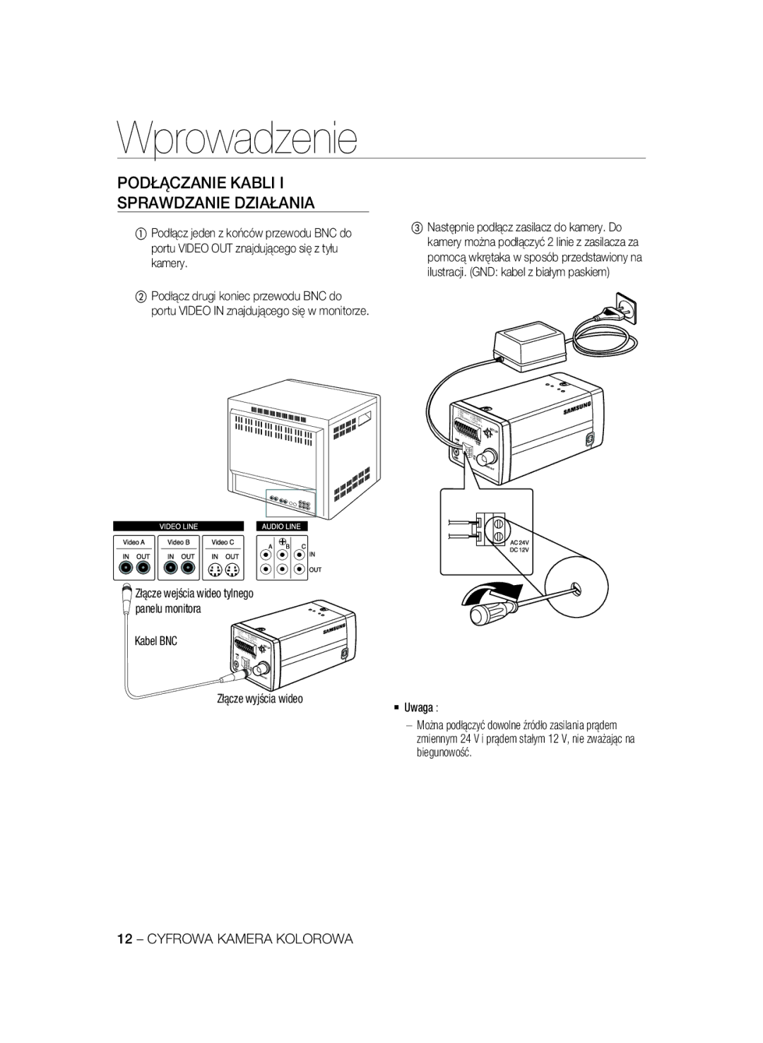 Samsung SCC-A2333P, SCC-A2033P manual Panelu monitora, Kabel BNC Złącze wyjścia wideo  Uwaga 