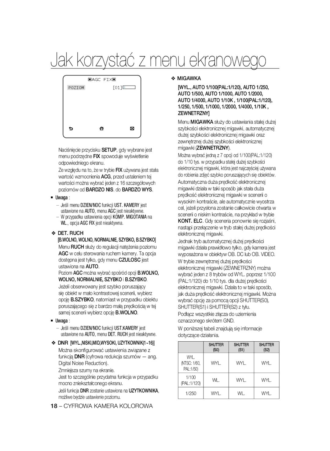 Samsung SCC-A2333P, SCC-A2033P manual DET. Ruch, Zmniejsza szumy na ekranie, Migawka, Zewnetrzny 