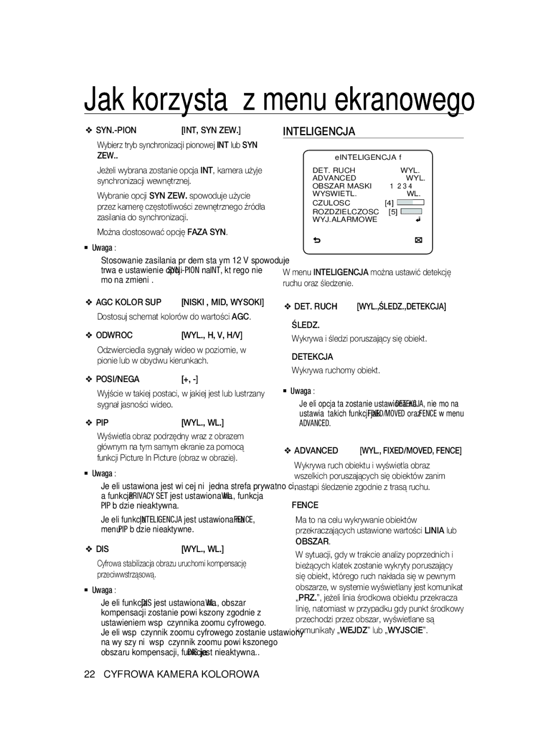 Samsung SCC-A2333P, SCC-A2033P manual Inteligencja 