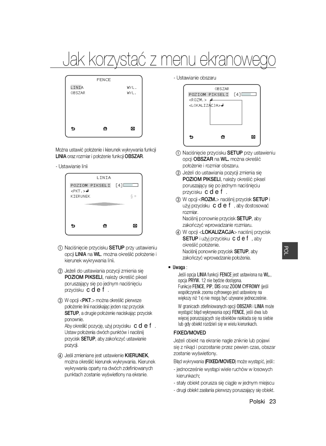 Samsung SCC-A2033P Ustawianie linii, Ustawianie obszaru, Setup i użyj przycisku cdef, aby Określić położenie, Kierunkach 