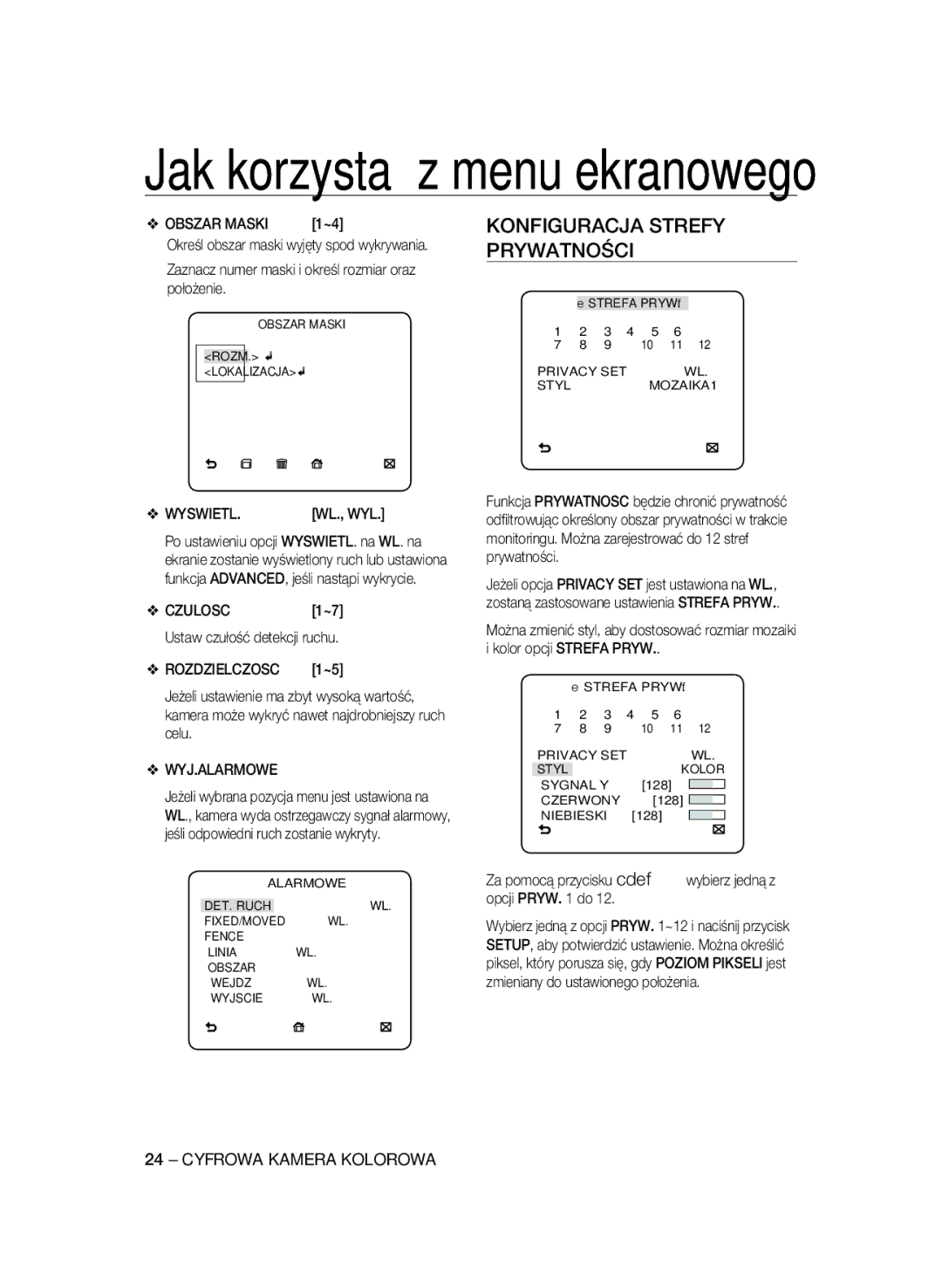 Samsung SCC-A2333P manual Konfiguracja Strefy Prywatności, Zaznacz numer maski i określ rozmiar oraz położenie, Wyswietl 