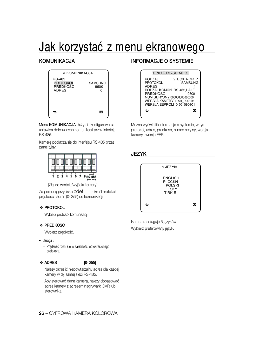 Samsung SCC-A2333P, SCC-A2033P manual Komunikacja, Informacje O Systemie, Jezyk 